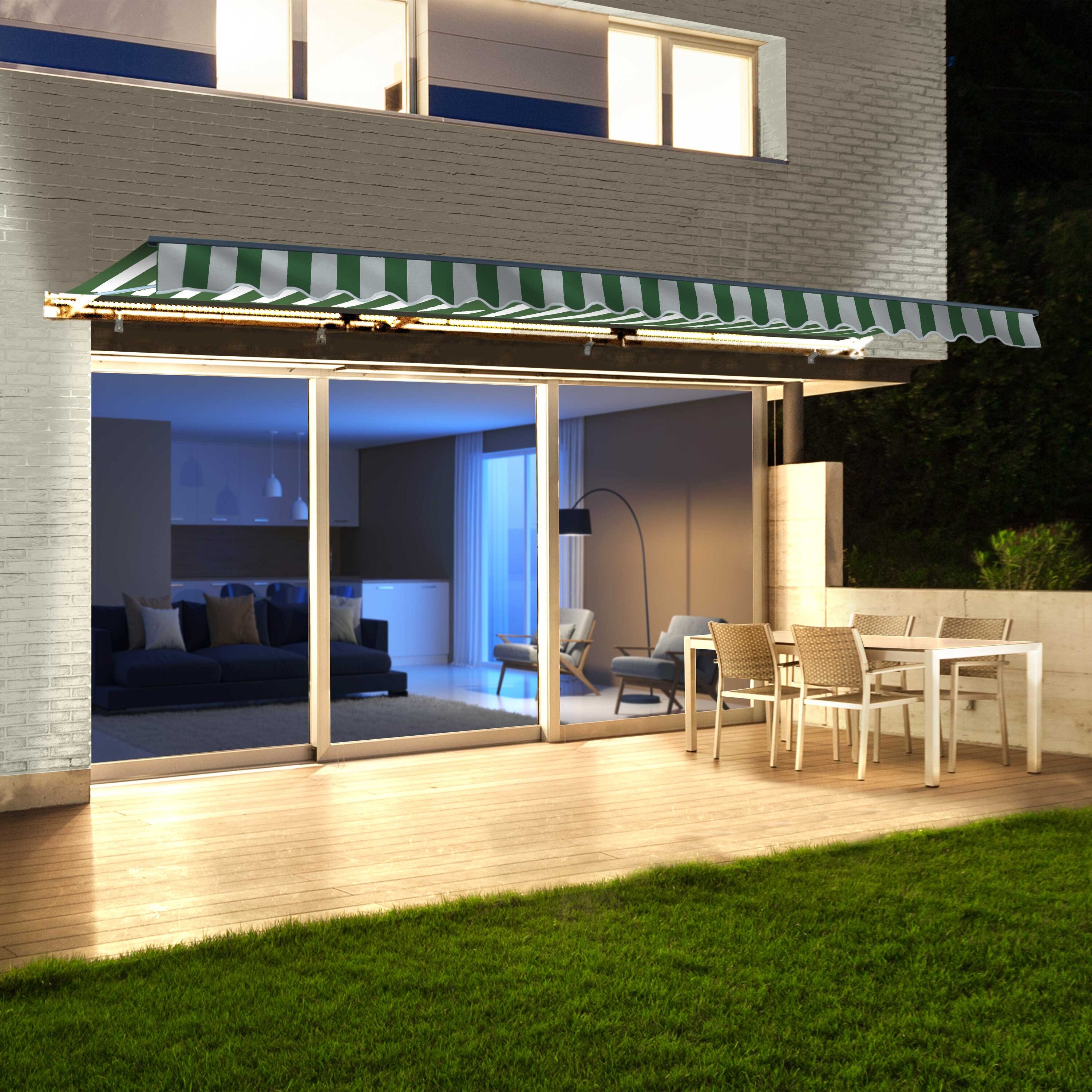 192-in Wide x 120-in Projection x 10-in Height Metal Green White Striped Motorized Retractable Patio Awning Polyester | - ALEKO AWCL16X10GRWT00-LO