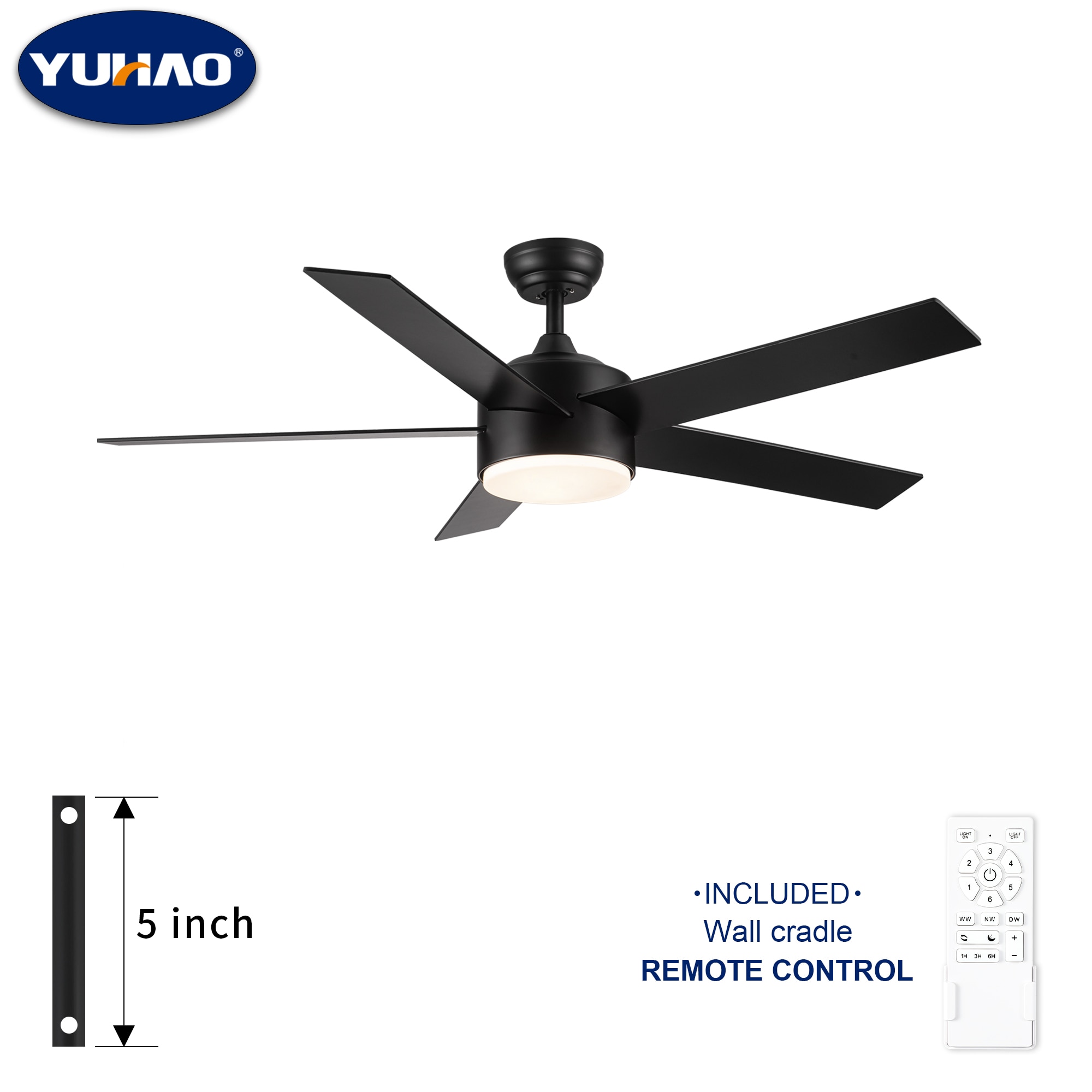 YUHAO LSAC1084BK525 Airedpro 52-in Color-Changing Integrated LED Black with Matte Blades Ceiling Fan With Light and Remote ( 5 -Blade )