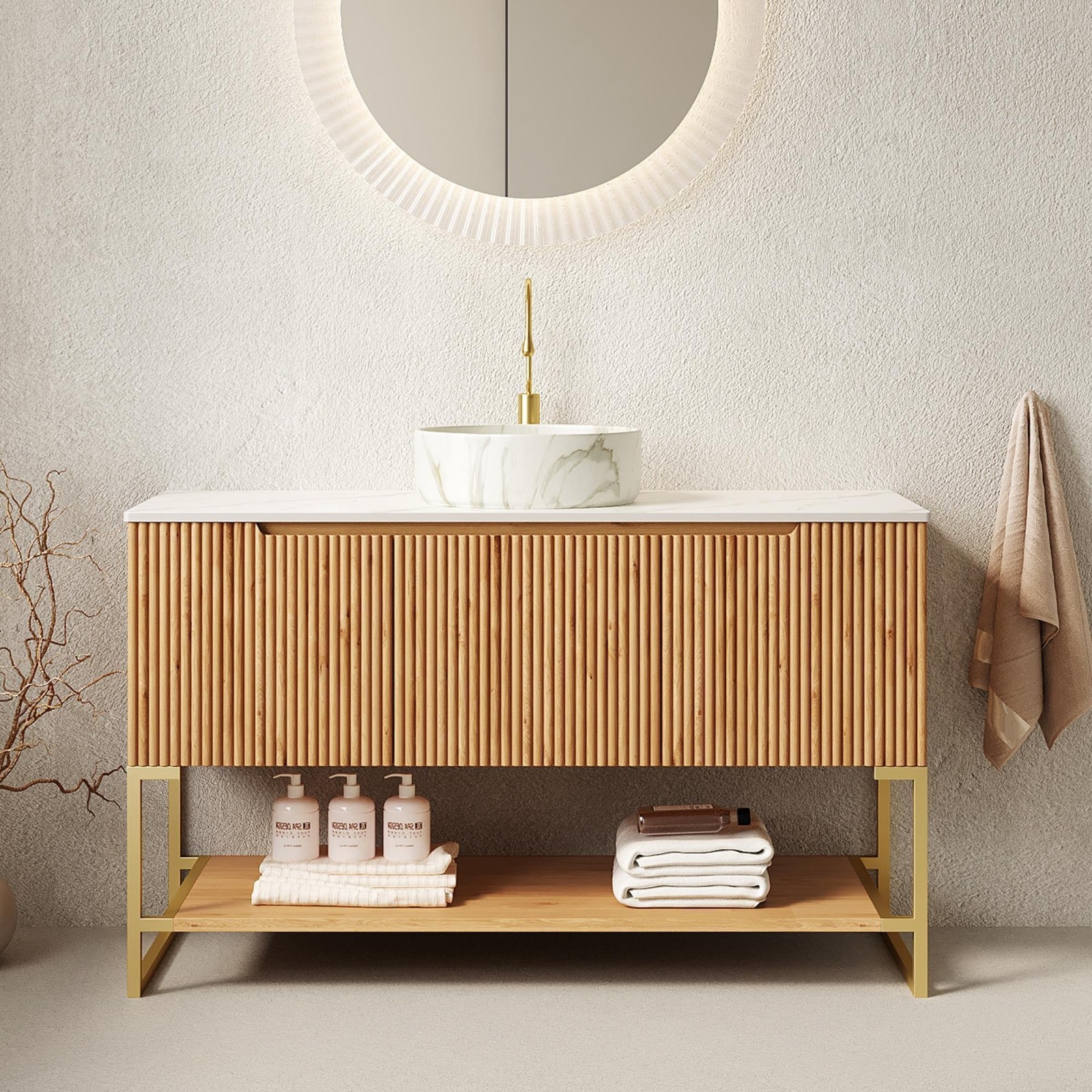 GlasFlength  48-Inch Bathroom Vanity with Sink Freestanding Storage Cabinet with 3 Doors and Open Shelf Space Saving Vanity Unit for Bathroom Powder Room Laundry Room Woodgrain
