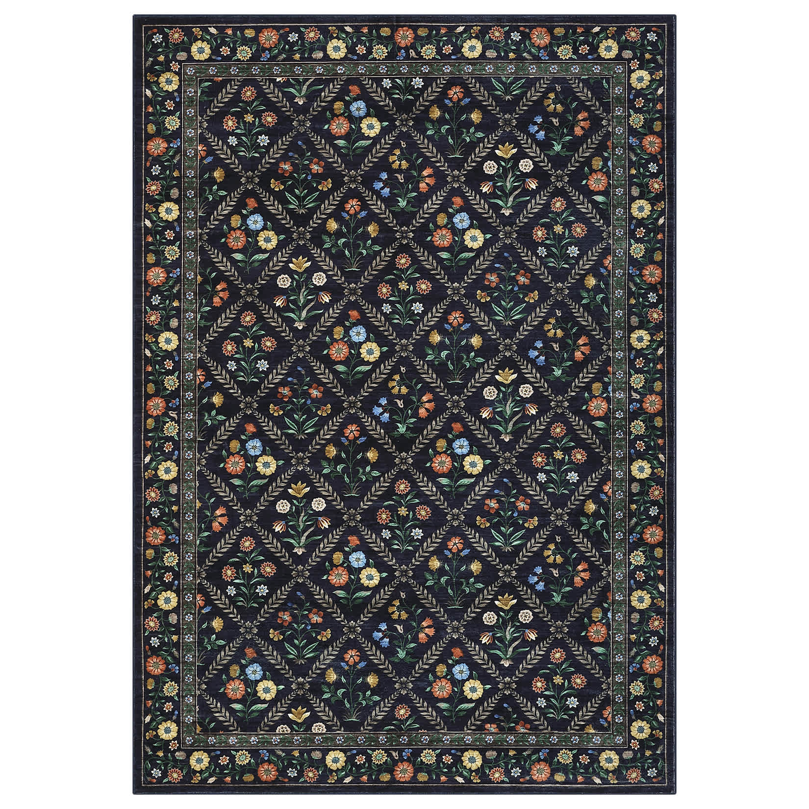 Qeetex LSN-PHK-349XRX7H 5 x 7 ft Polyester Cashmere Imitation Blue Rectangular Hallway Bathroom Entryway Kitchen Office Foldable Garden Flower Printed Modern Washable Area Rug