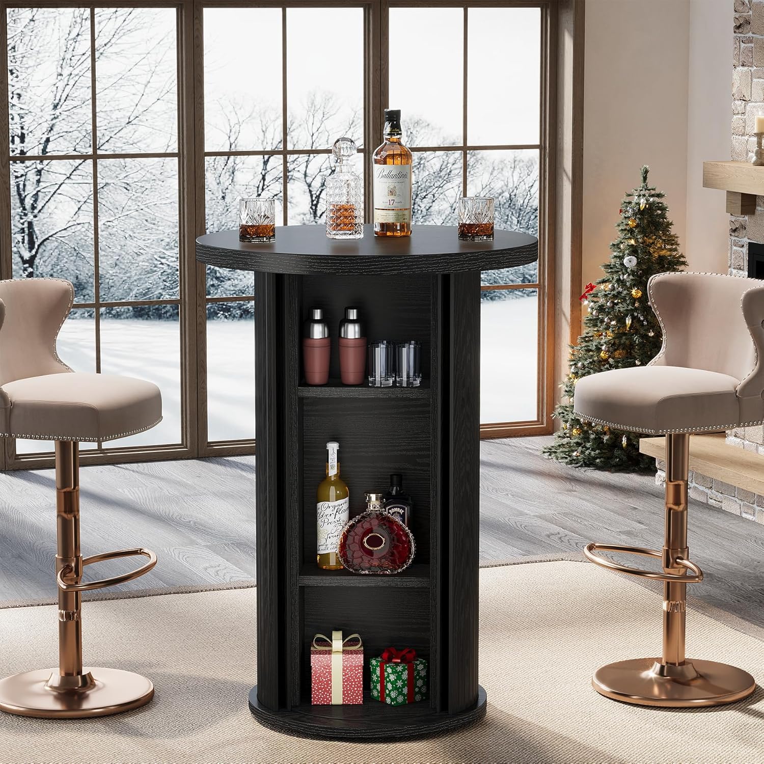 Tribesigns  Round Bar Table 35.4 inches Rustic High Top Pub Table with 3 Tiers Hidden Storage Shelf Bistro Wood Cocktail Unit with Slide Door for Home Bar Kitchen and Dining Room Black
