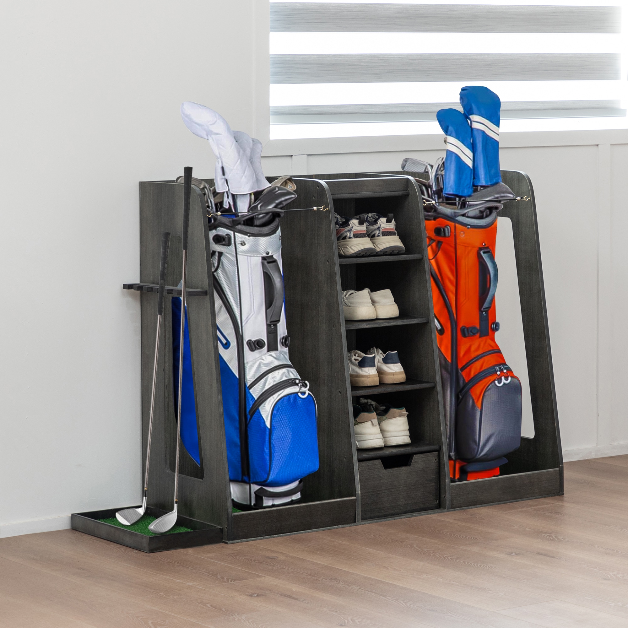 Tatayosi XJ Wooden Golf Bag Organizer and Storage Rack High Quality Wooden 2 Golf Bag Rack with Drawers Easy to Assemble Golf Club Holder Stand with Club Holders on Side Gray