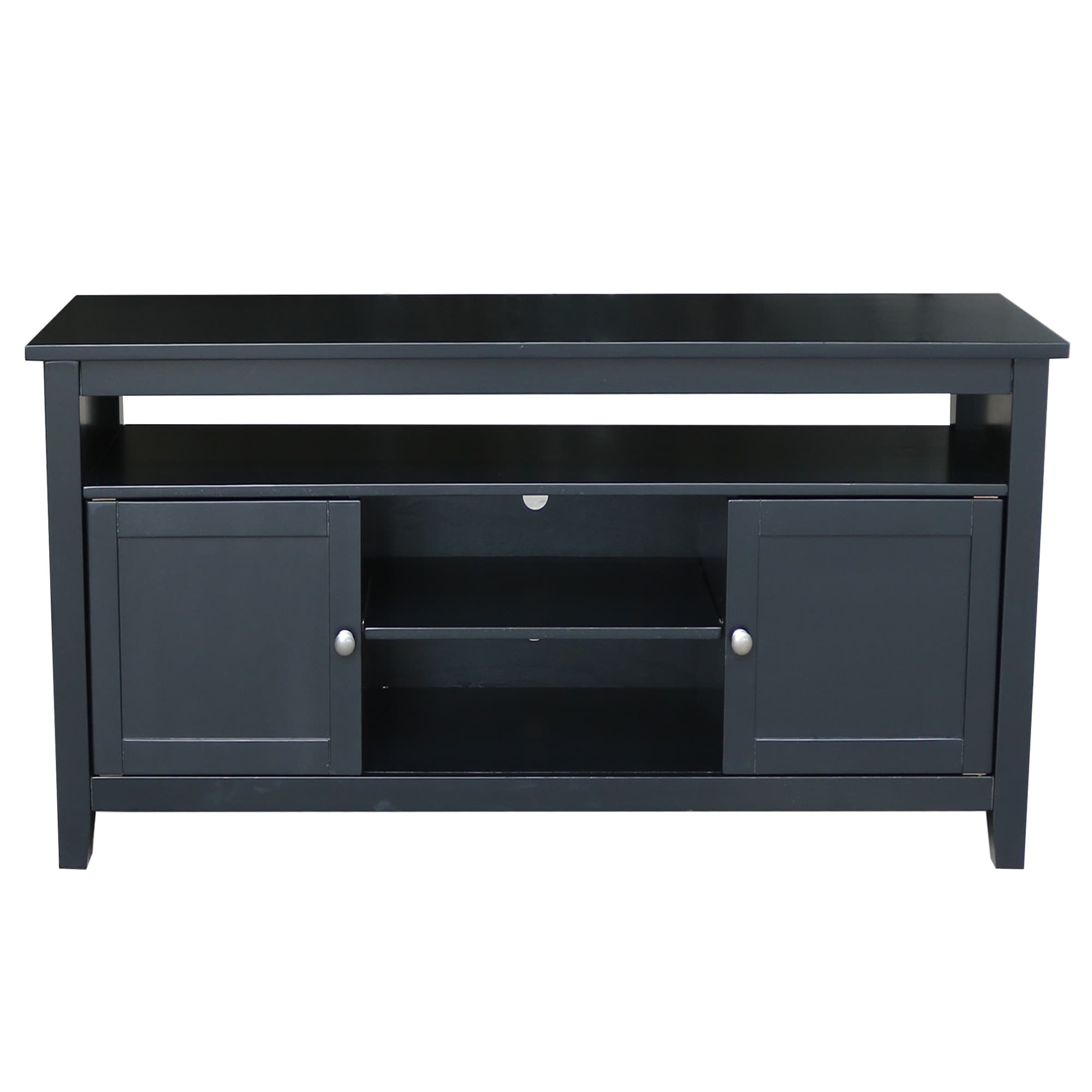 Black Solid Wood TV Stand with Cabinets and Shelves