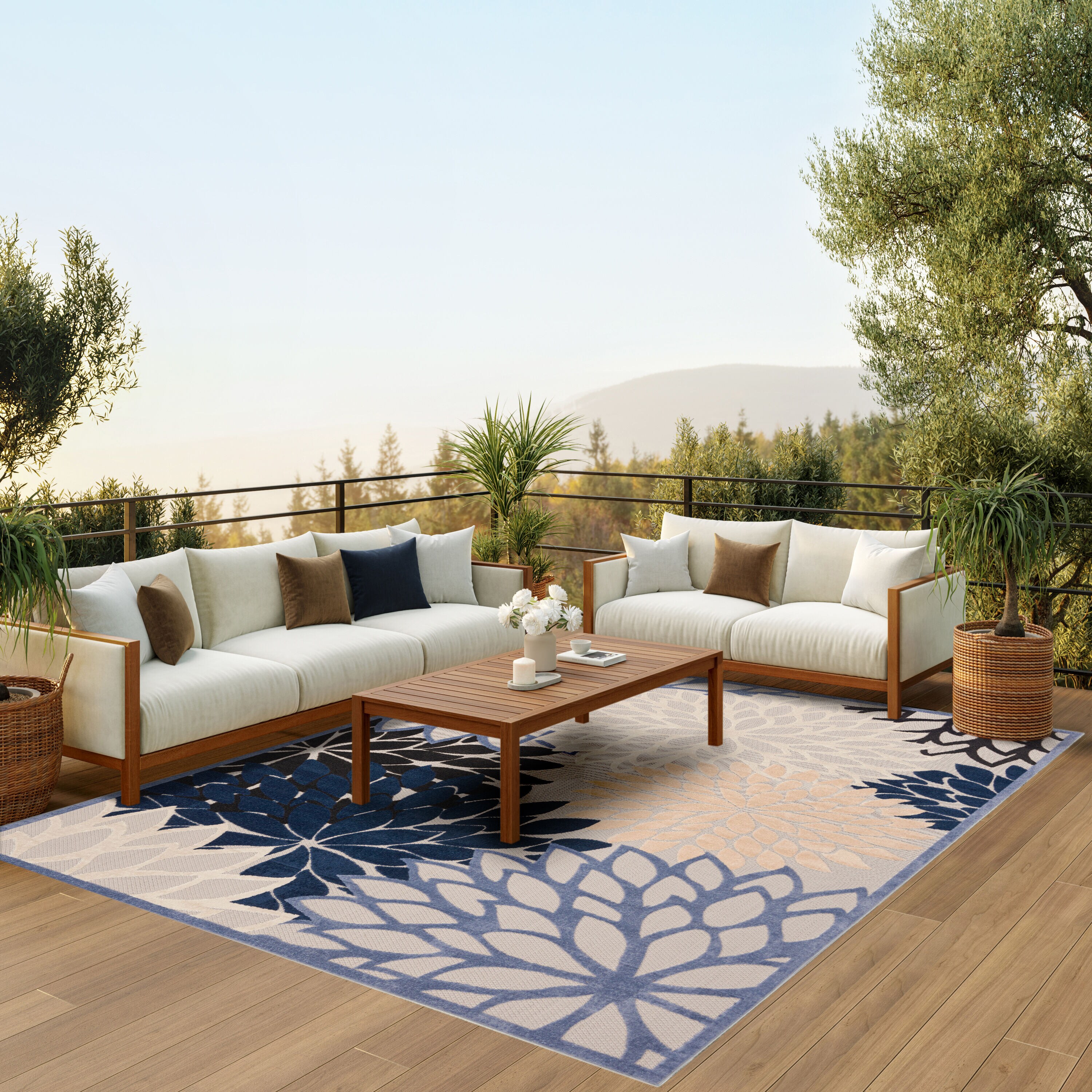 Nourison Aloha 8 x 11 (ft) Loomed Polypropylene Blue Rectangular Indoor/Outdoor Floral/Botanical Farmhouse/Cottage House Washable Area rug #99446738783