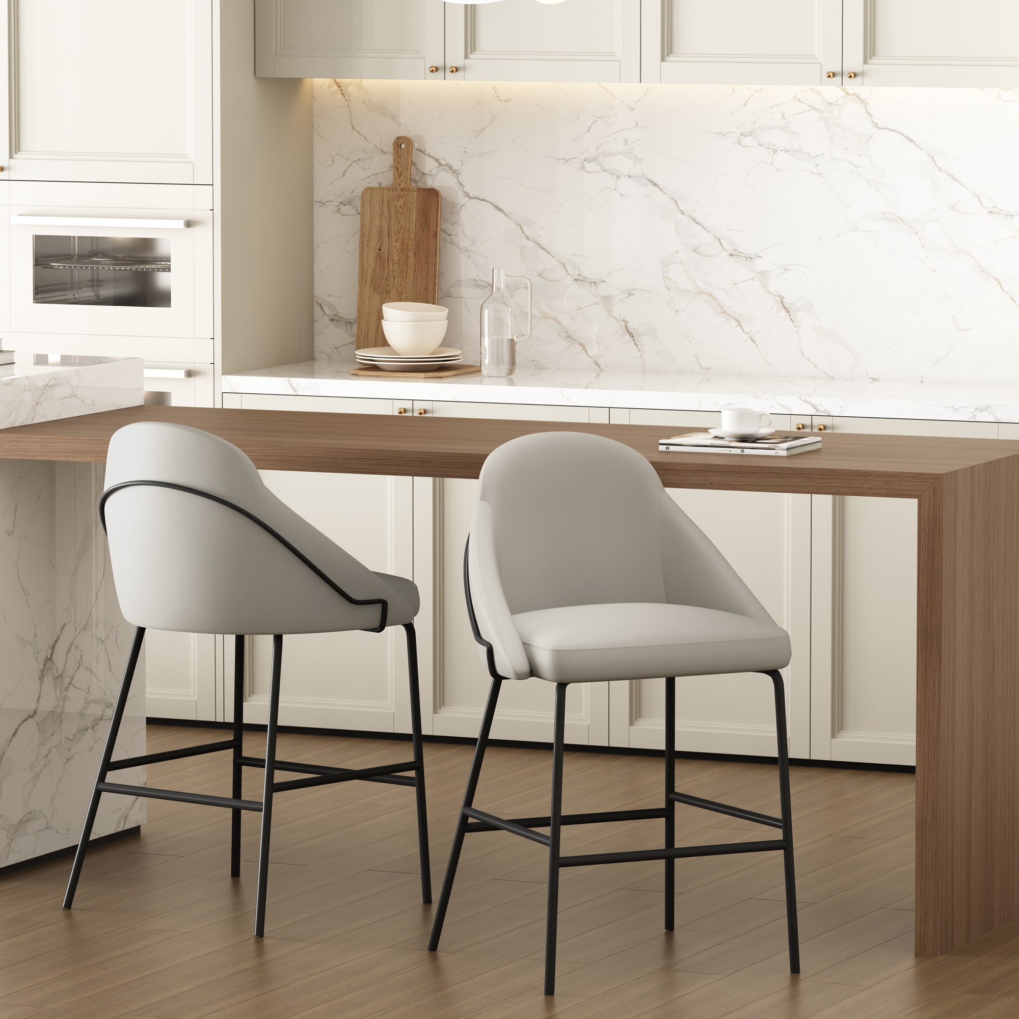 Manhattan Comfort 2-CS019-BST Gracie 2 -Set Stone and Black 26-in H Counter height Square seat Upholstered Metal Bar Stool and Back