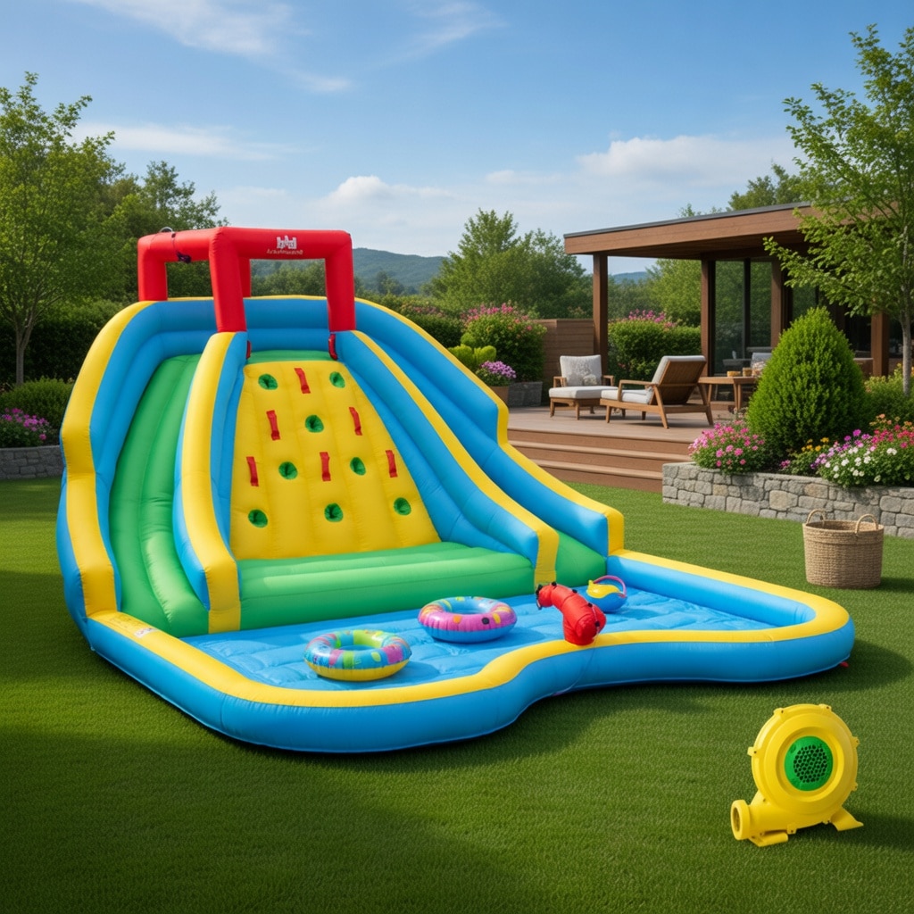 VERYKE Inflatable Water Park for Kids Bounce House with Dual Curved Slides Climbing Wall and Splash Pool 735W Blower Included Heavy Duty 840D Oxford Fabric Summer Outdoor Playset for Ages 3 8
