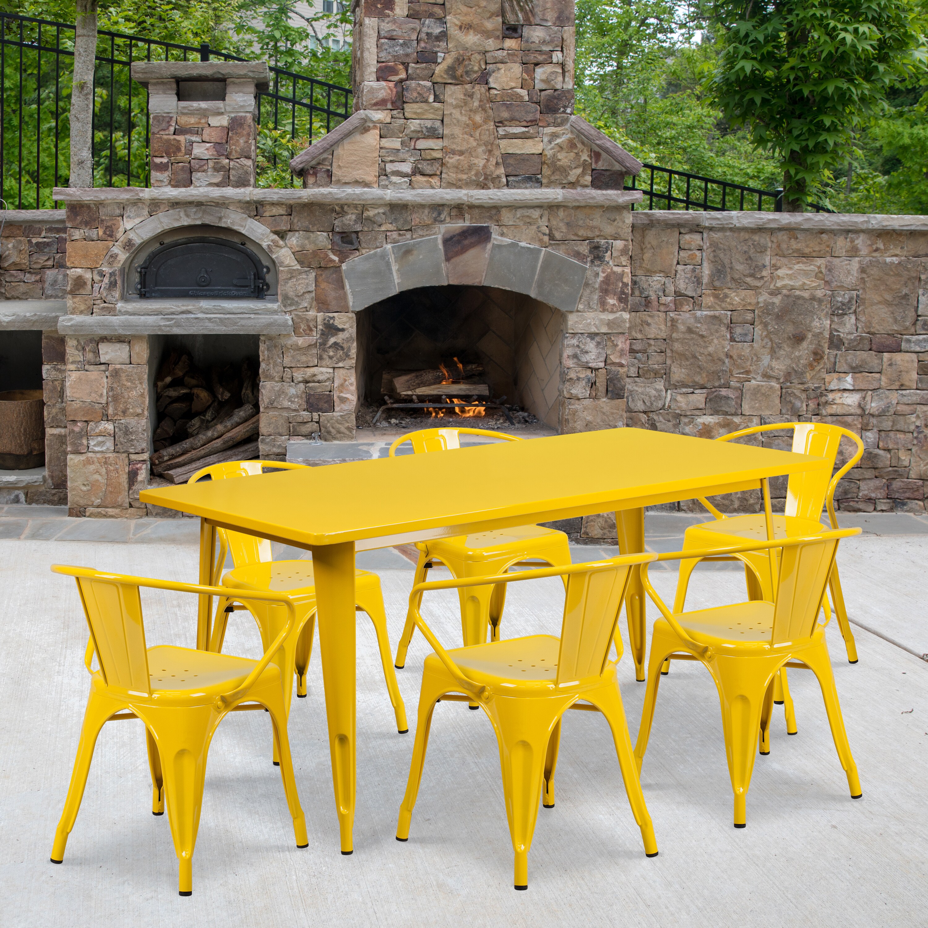 Flash Furniture 889142049609 Oakley Commercial Grade 31.5-in x 63-in Rectangular Yellow Metal Indoor-Outdoor Table Set with 6 Arm Chairs