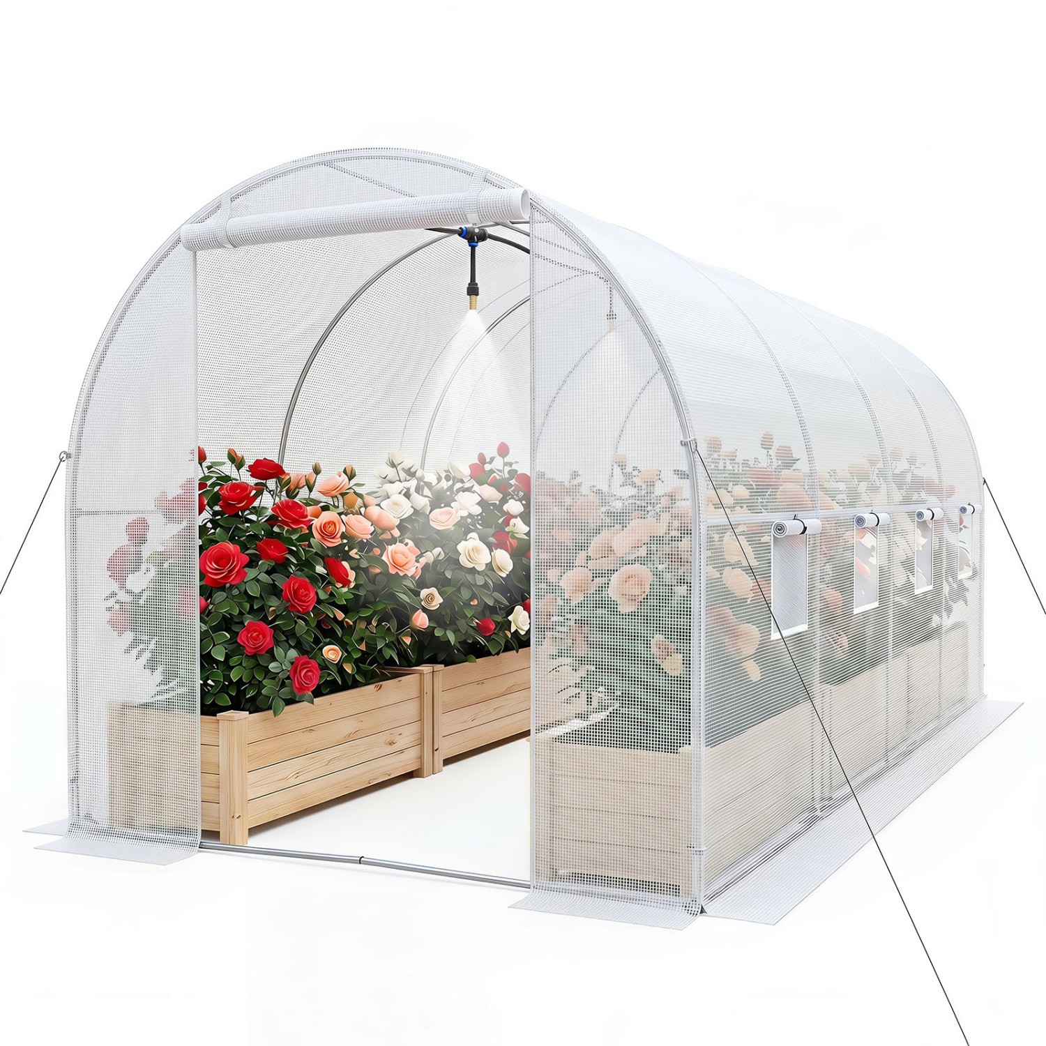 Slickblue - Walk-In Green/White 15 x 7 x 7-ft Greenhouse with Galvanized Steel Frame Watering Sys...