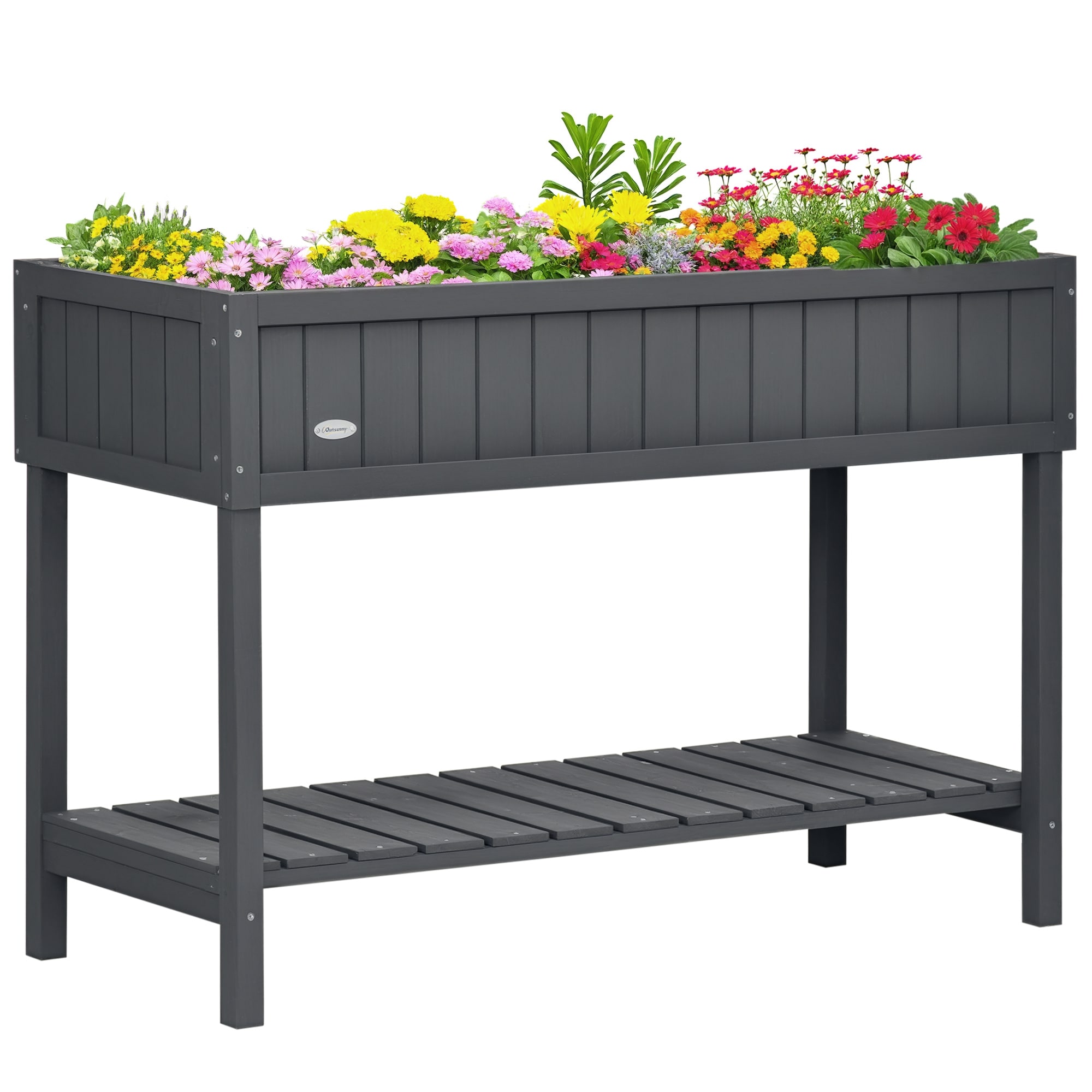 Outsunny 845-238V01CG Wooden Raised Garden Bed with 8 Slots Elevated Planter Box Stand with Open Shelf Dark Gray