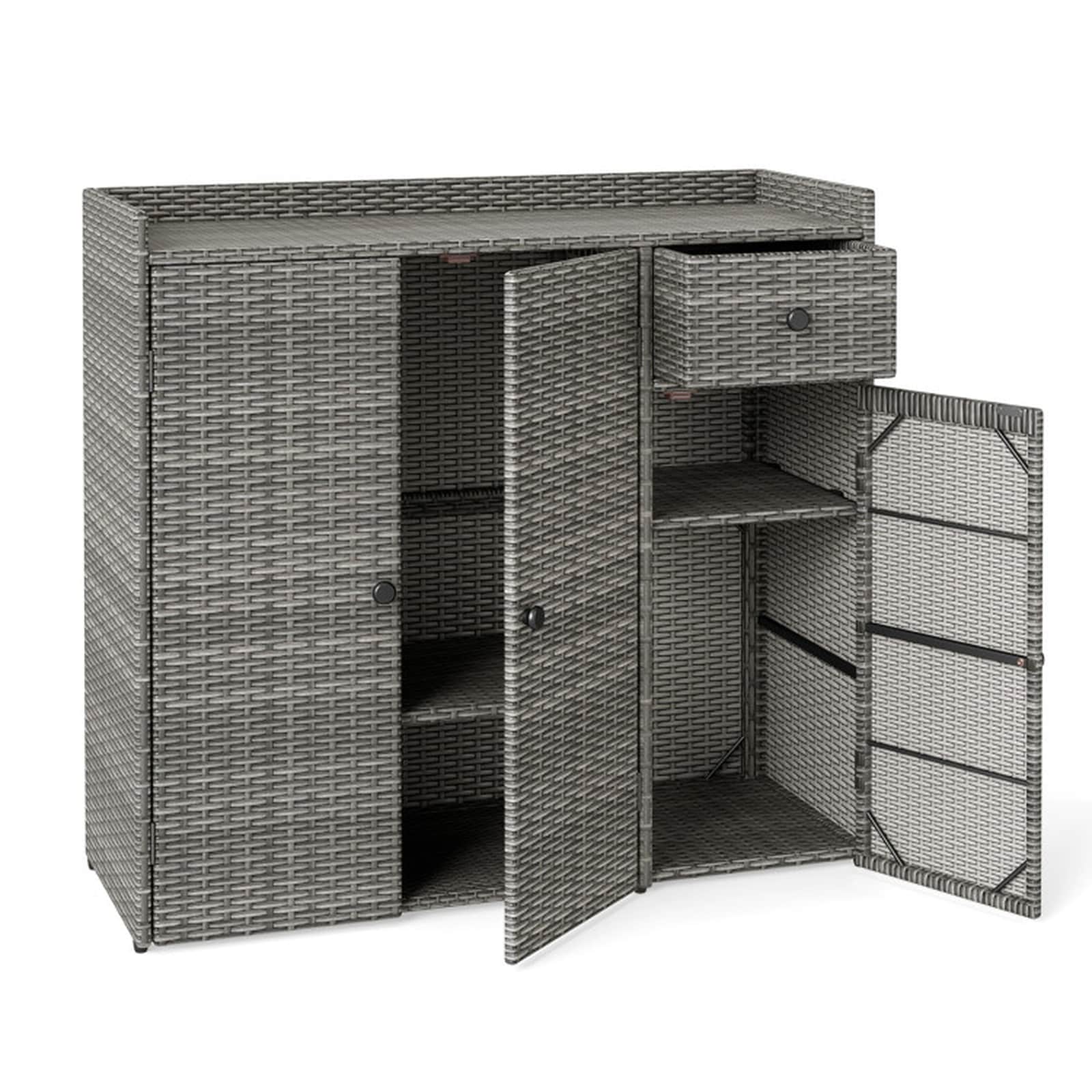 SUGIFT Outdoor Storage Cabinet with 3 Doors and Drawer PE Wicker Patio Cabinet with Adjustable Shelves and Countertop 39-in Deck Buffet Cabinet-Gray
