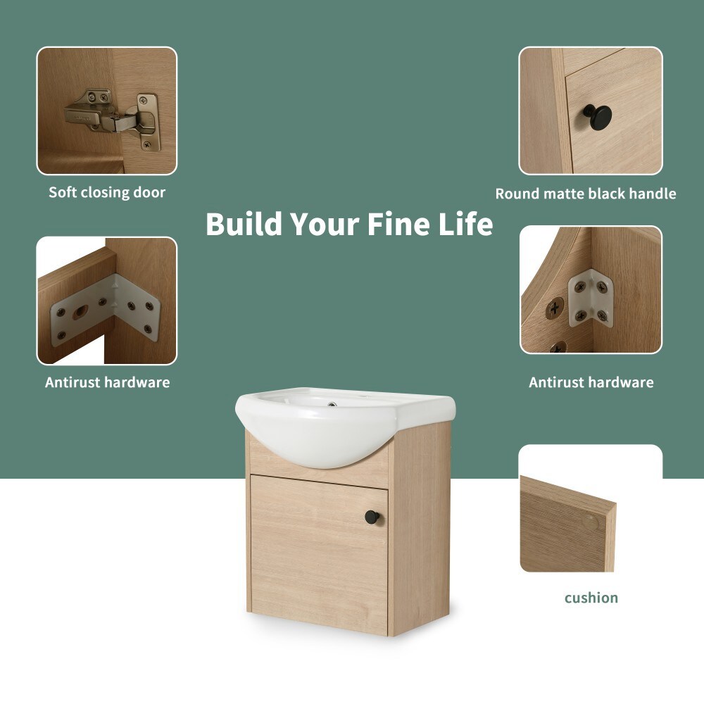 Basdien 18 in Brown Wall Mounted Bathroom Vanity with Ceramic Sink Soft ...