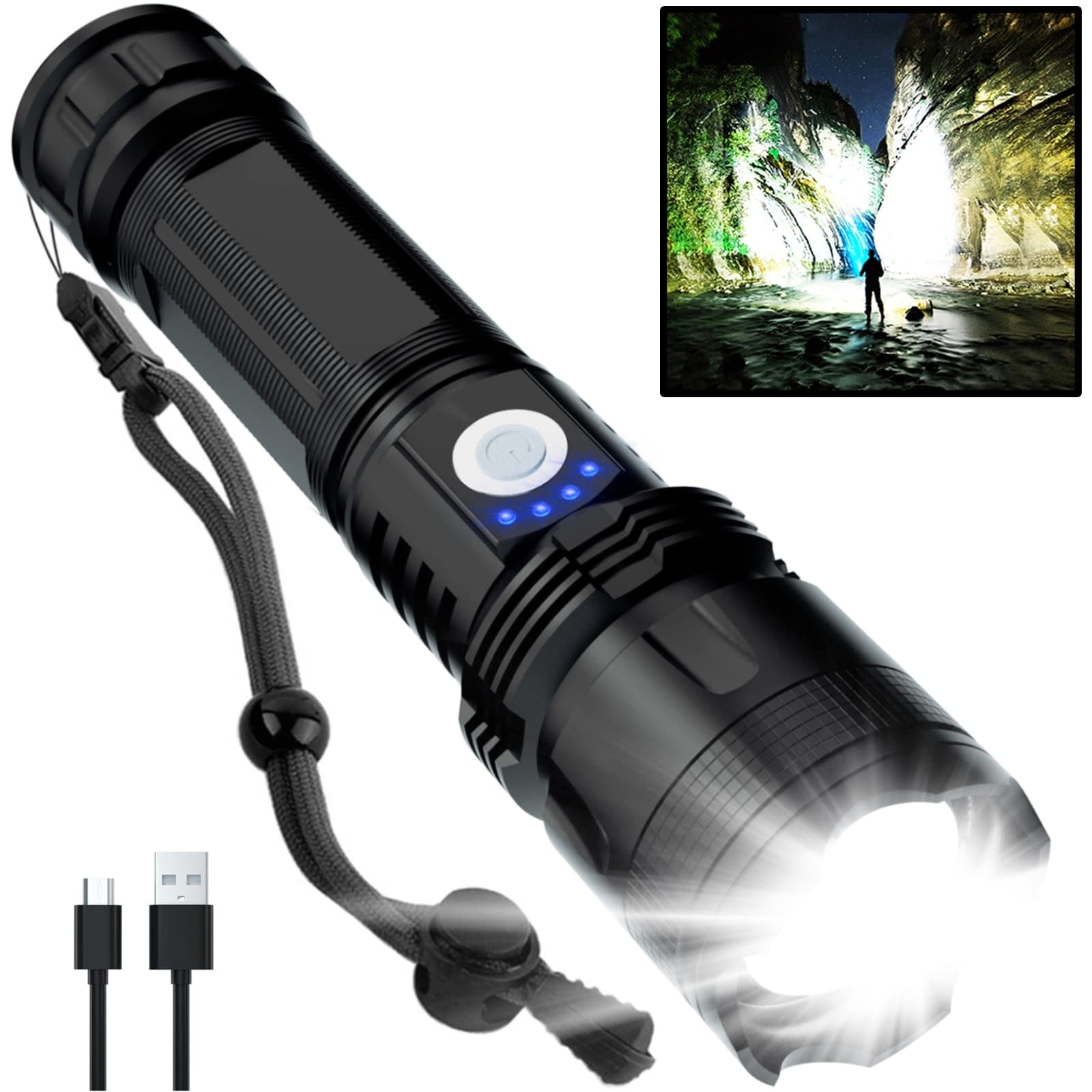 AOIZGMY  1 Piece 90000 Lumens Rechargeable LED Flashlight 5 Modes Adjustable Focus IPX5 Waterproof Handheld Light for Camping and Emergencies