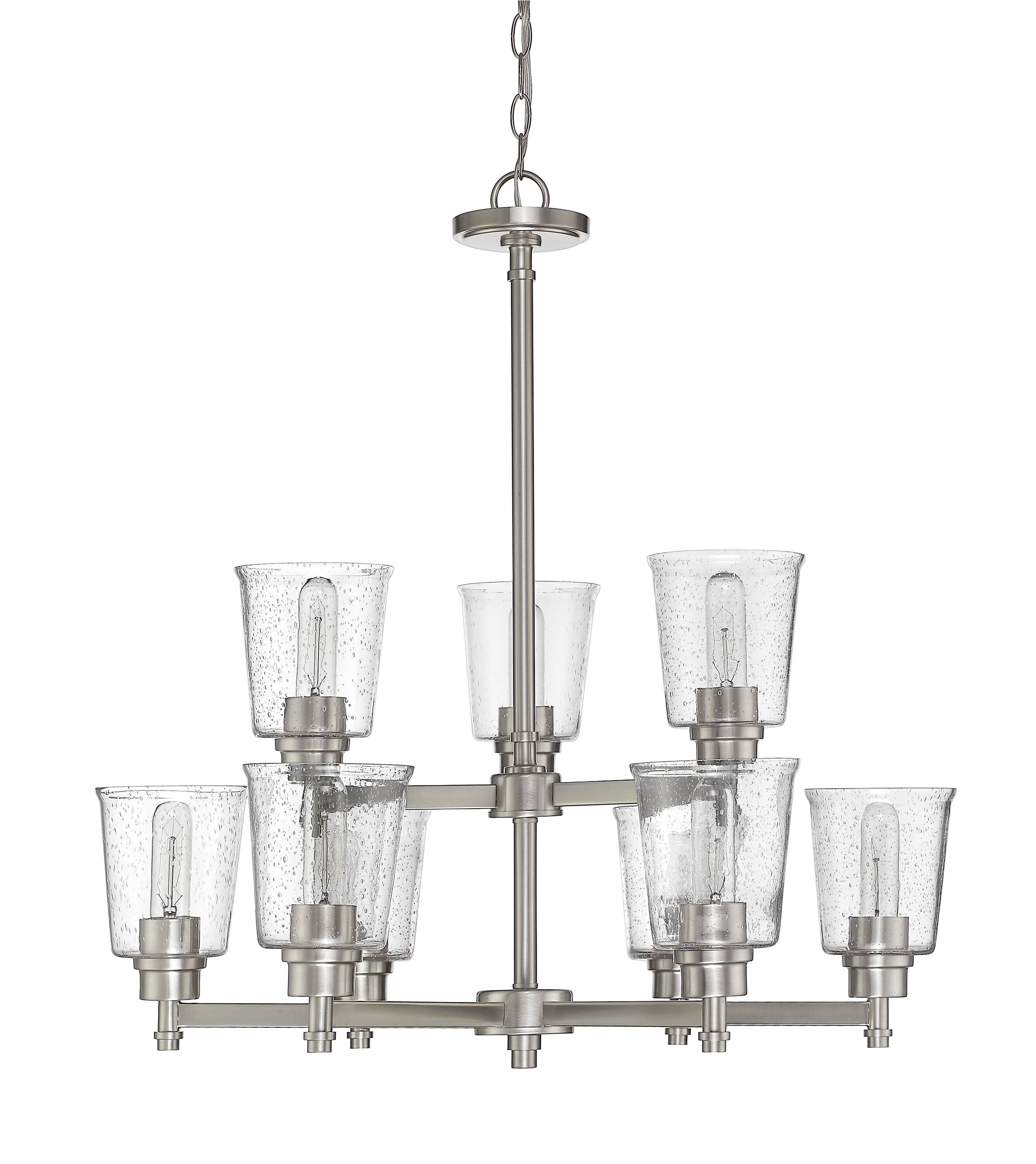 Luxurious Brushed Nickel 9-Light Chandelier with Clear Seedy Glass Shades