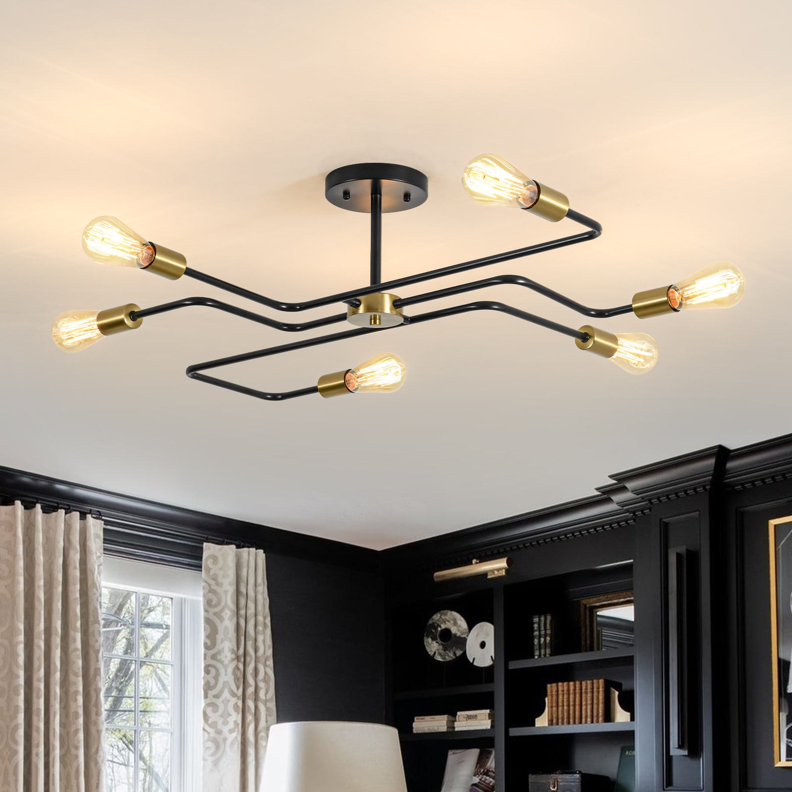Zicbol 36.61-in Matte Black + Natural Copper Indoor 6 -Light Semi-flush Mount Light
