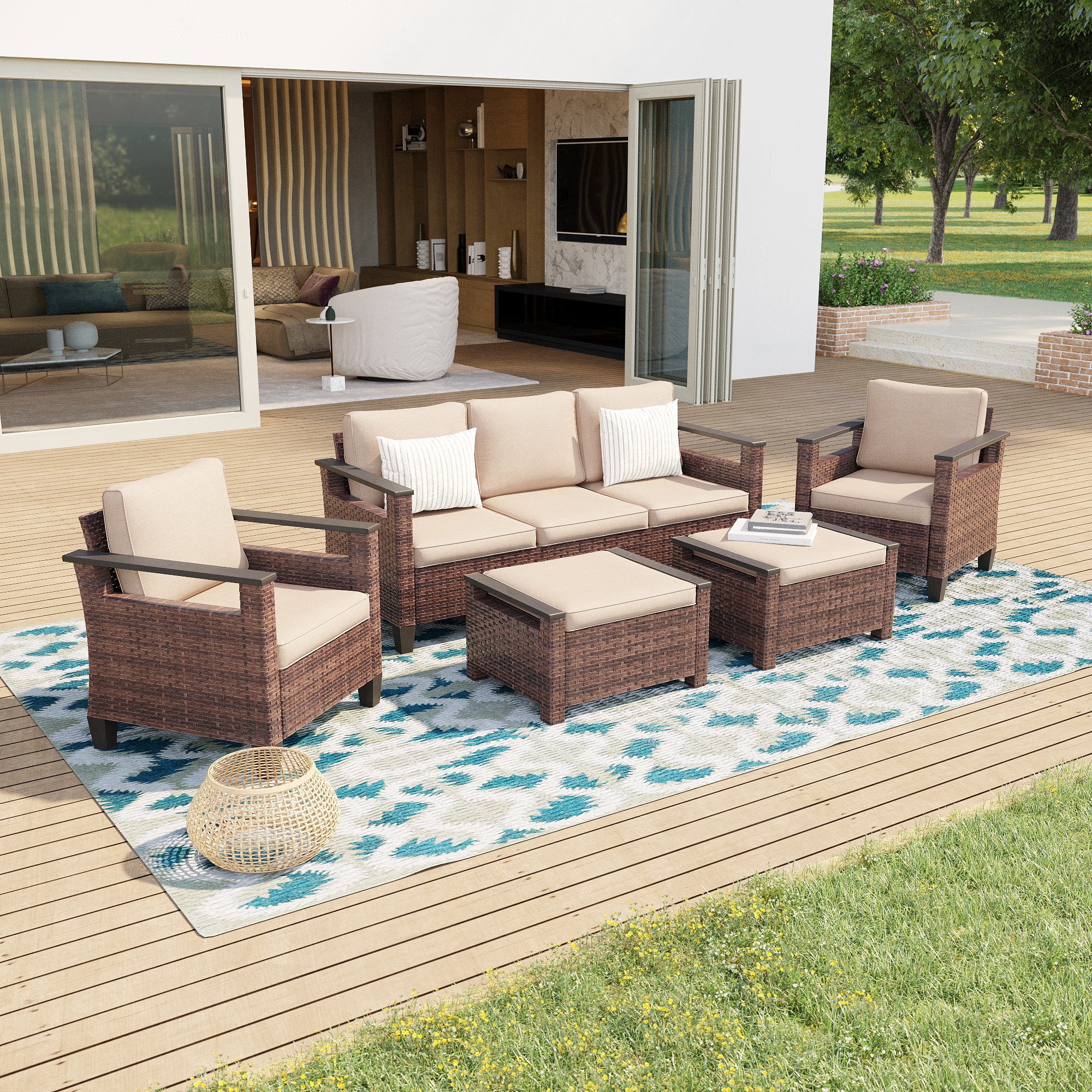 Sonkuki SD-E-HOG-120 5-Piece Wicker Patio Sofa Conversation Set with Beige Cushions