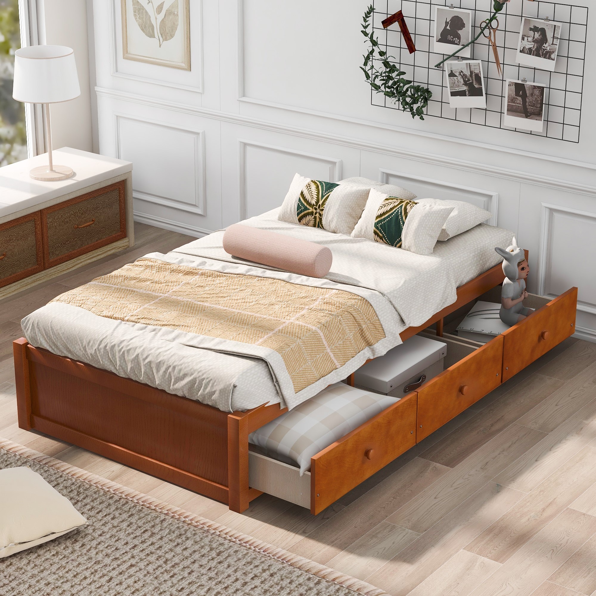 LOVMOR SF-L-WF193634AAL Twin Size Platform Storage Bed with 3 Drawers