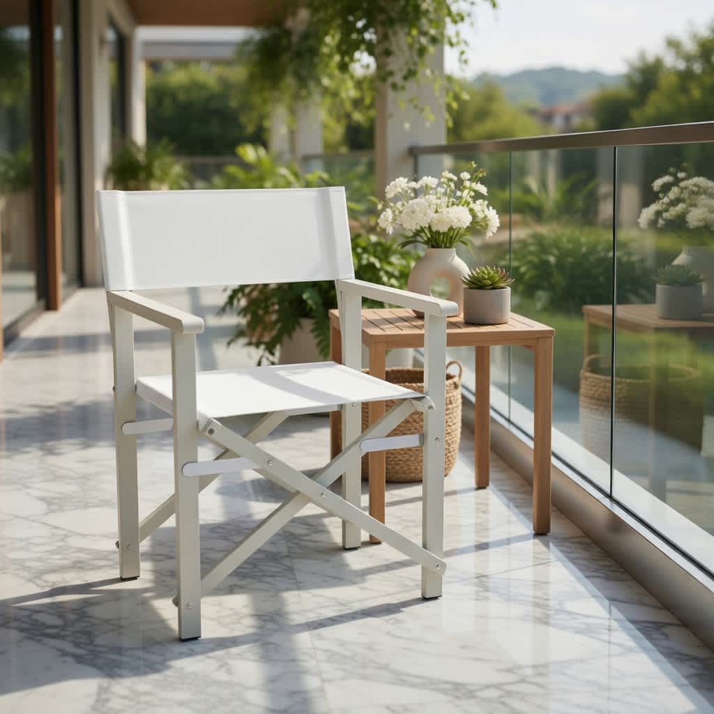 VERYKE Folding Director Chair Off White Acacia Wood Frame with