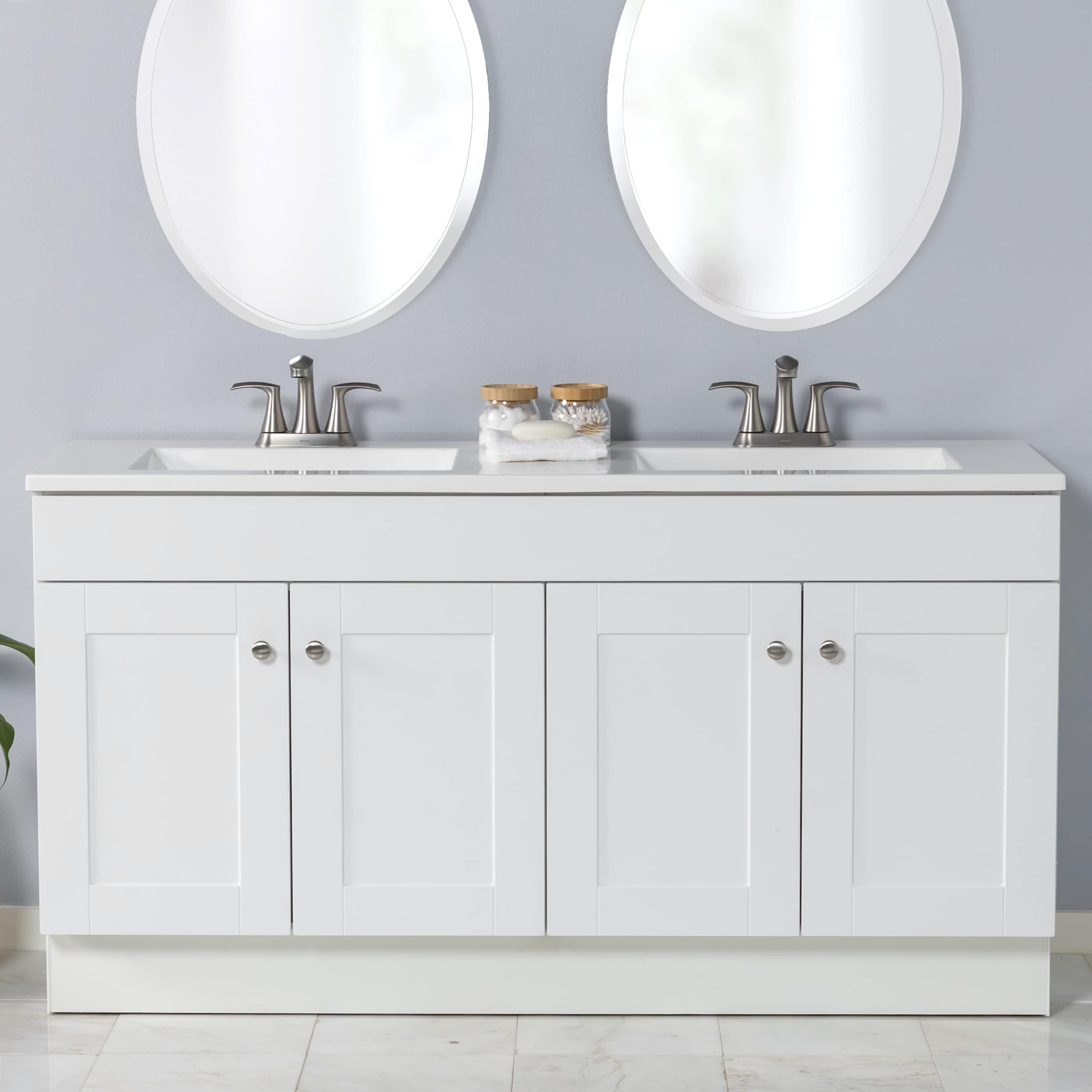 Project Source LWW022760P2-WH Dover 60-in True White Double sink Bathroom Vanity with White Cultured marble Top