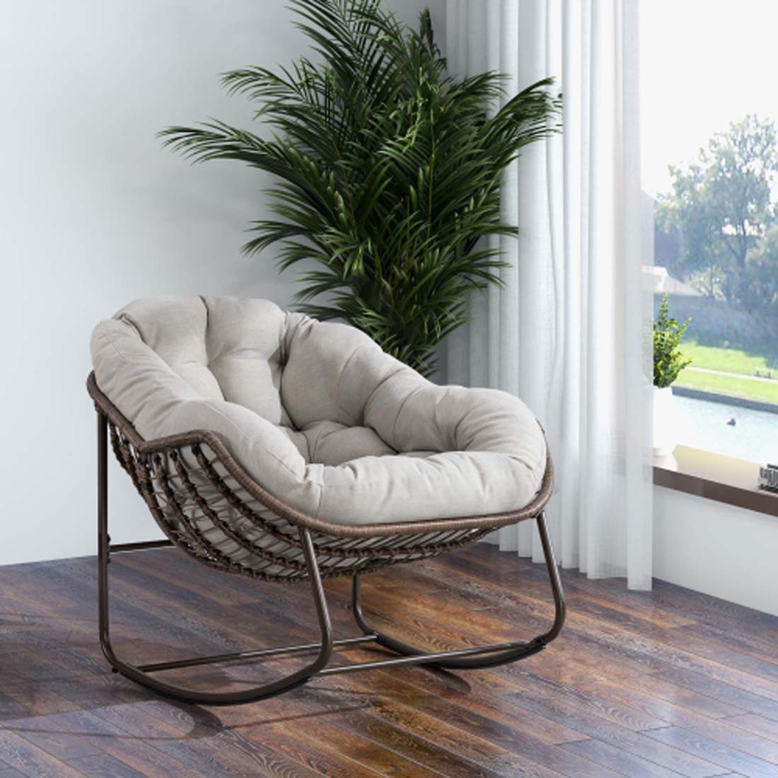 Damerin PCB06N774 Patio Chairs Rattan Gray Steel Frame Rocking Chair with Off-white Cushioned Seat