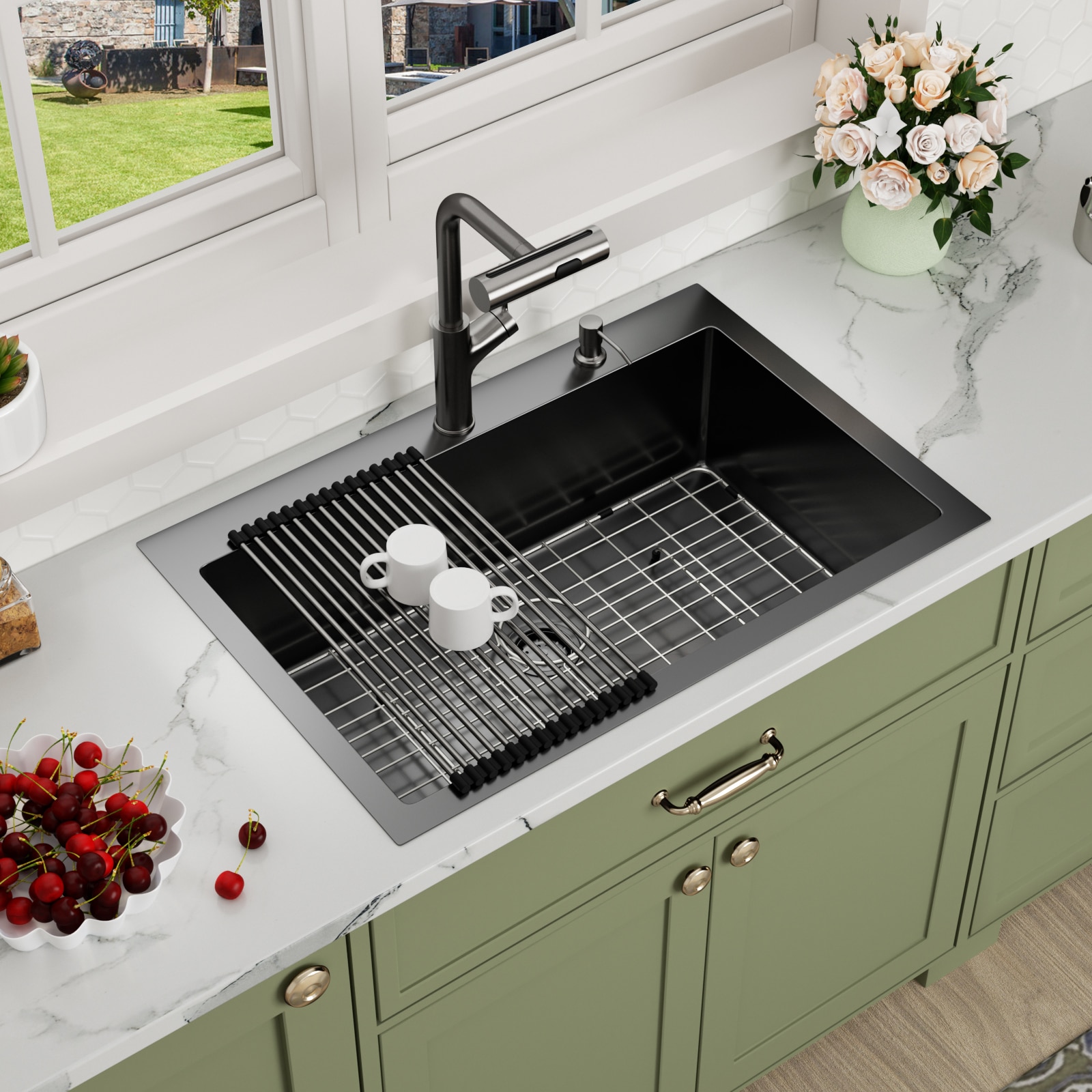 Lordear 33-in x 22-in Gunmetal Black Drop-in 16-Gauge Stainless Steel Single Bowl Kitchen Sink All-in-One Kit with Faucet and Soap Dispenser