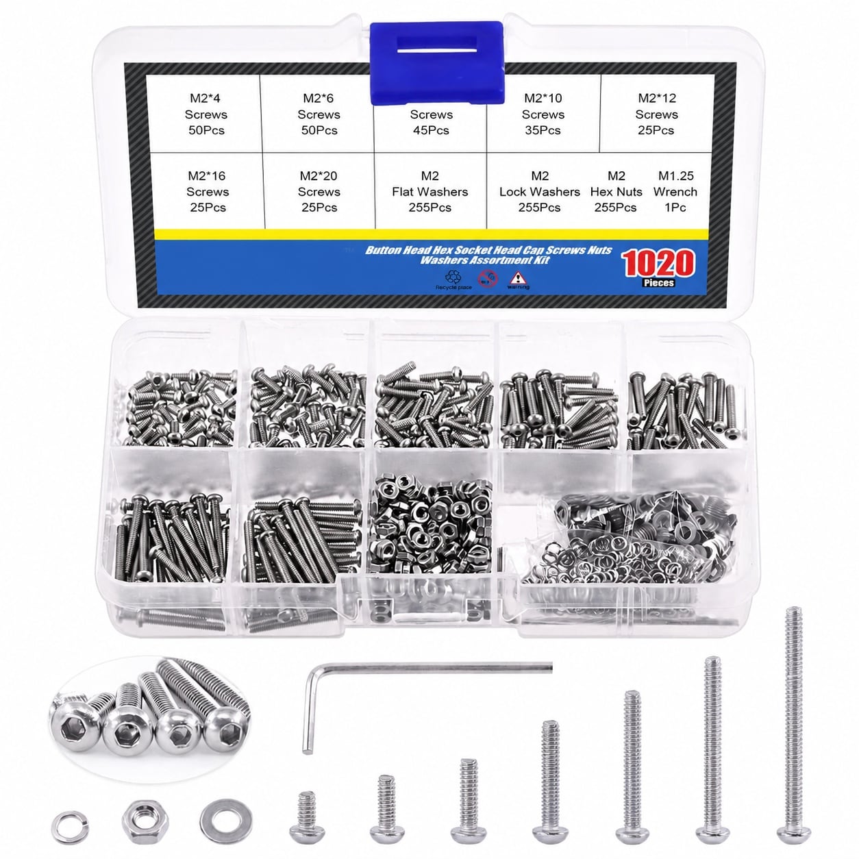 Misopily  M2 Button Head Hex Socket Cap Screws Nuts and Flat Washers Assortment Kit 1021 Pieces Stainless Steel for Machinery Furniture and Car