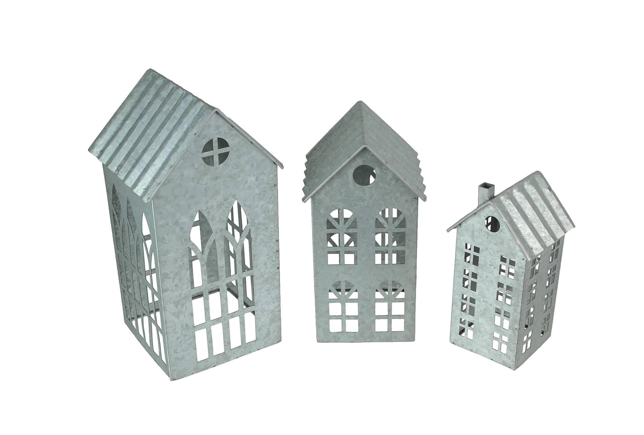 Zeckos ZKO-99047 Set of 3 Country Farmhouse Christmas Village Galvanized Grey Metal House Shaped Oversized Votive Candle Holders - Perfect for Rustic Western Decor- Adds Charm to Your Space