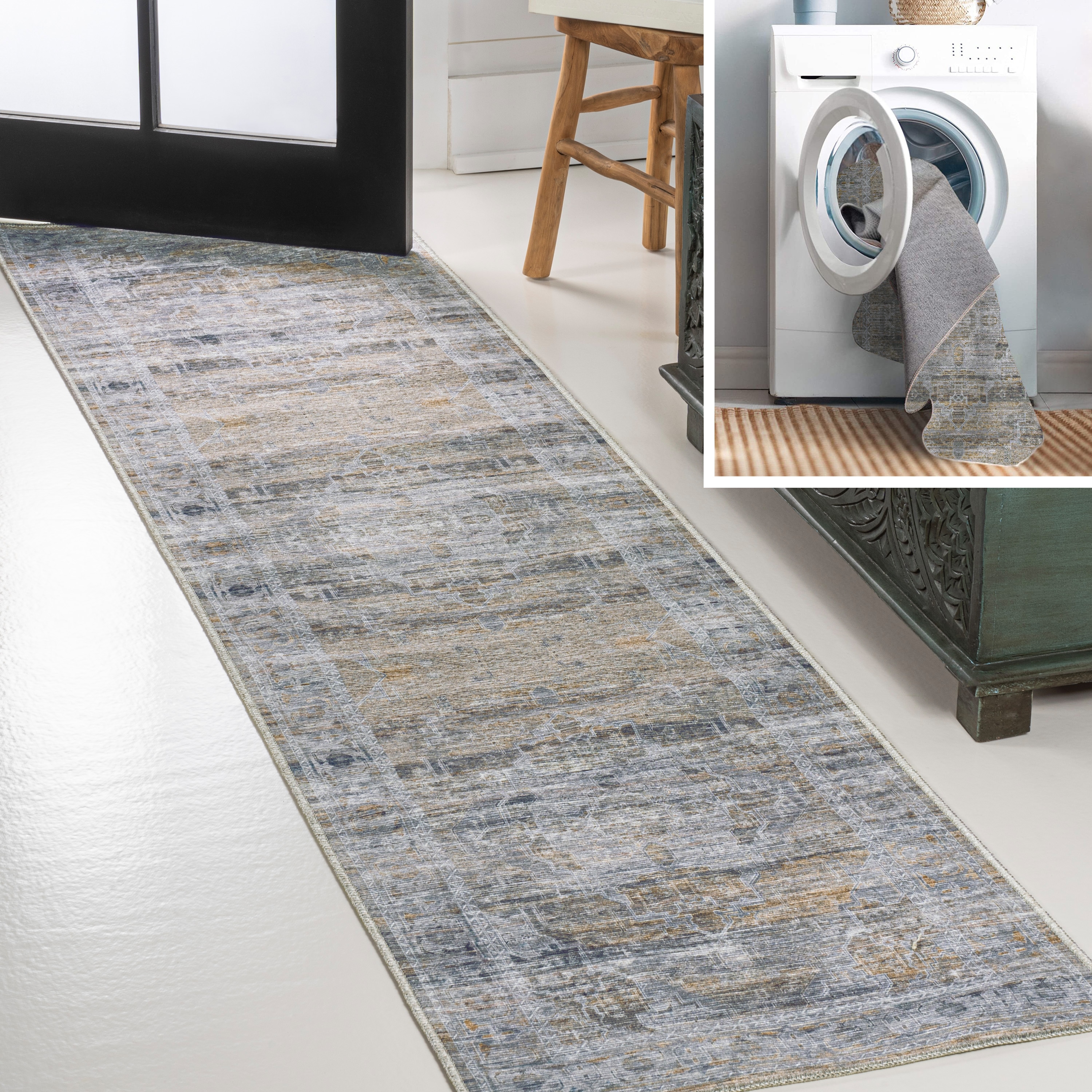 JONATHAN  Y WSH100D-28 WASHABLE Alanya Ornate Medallion 2 x 8 (ft) Loomed Chenille Gray/Mustard Rectangular Indoor Border Bohemian/Eclectic Machine washable Runner rug