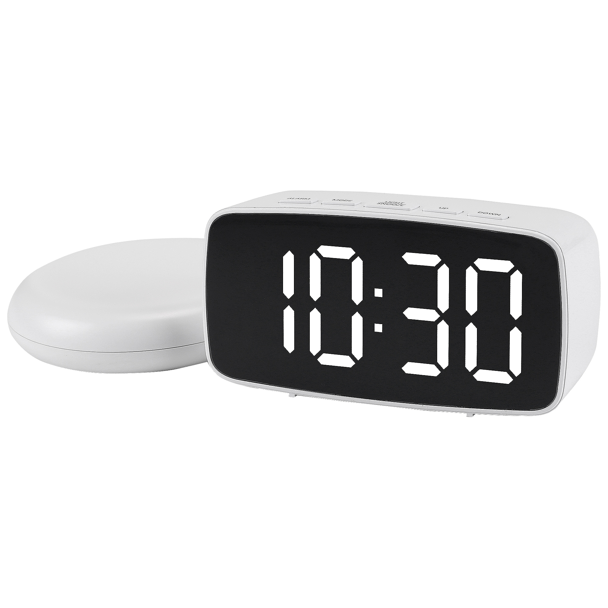 Unique Bargains Dimmable LED Alarm Clock 2-Level Brightness Wired Shaker Snooze Function Fits Bedside Table 4.7InchL x 1.6InchW x 2.4InchH White Housing with White Light