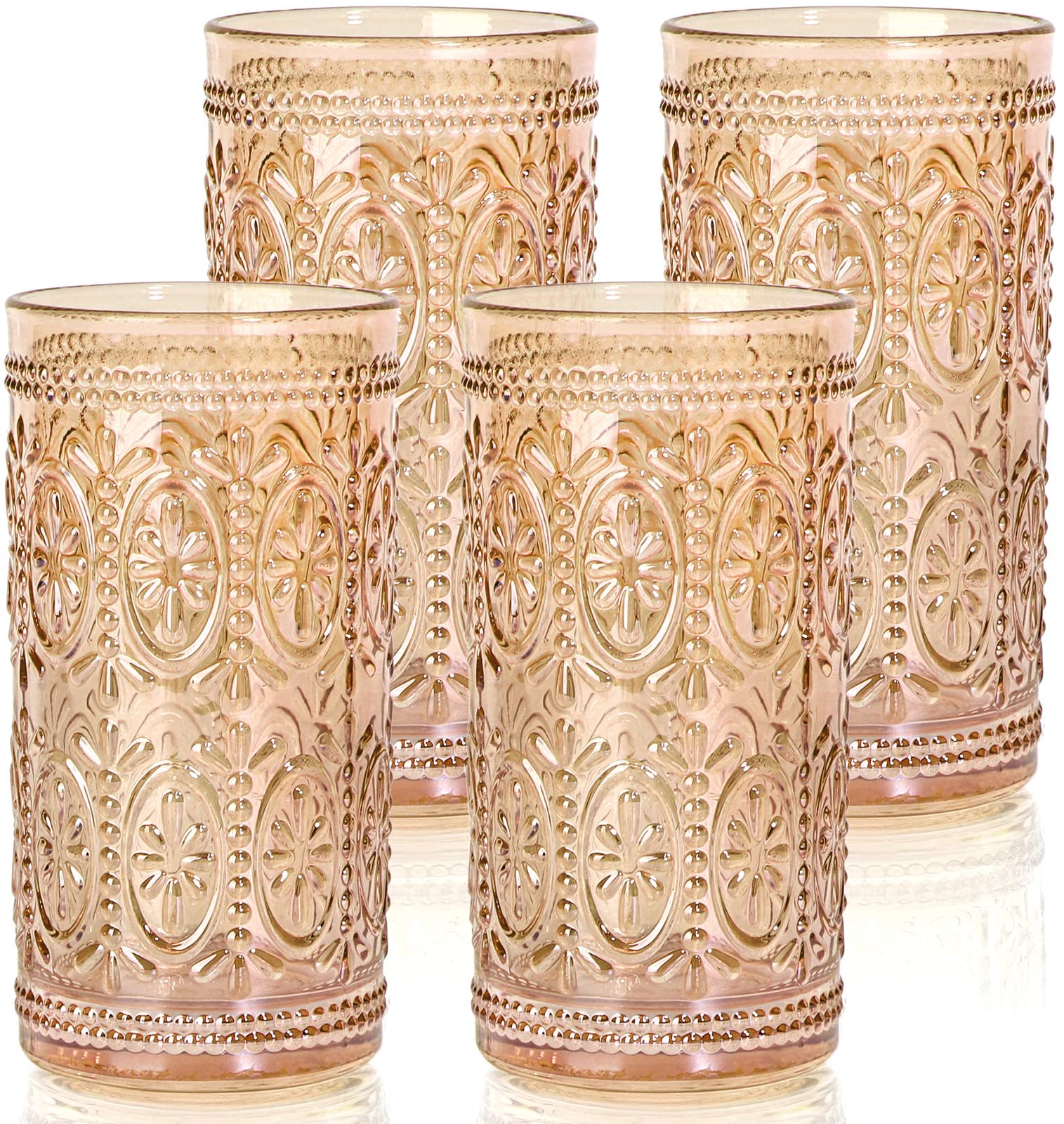 Aoibox  12 oz Amber Vintage Embossed Highball Drinking Glass Heavy Duty Lead Free Collins Glassware Set of 4