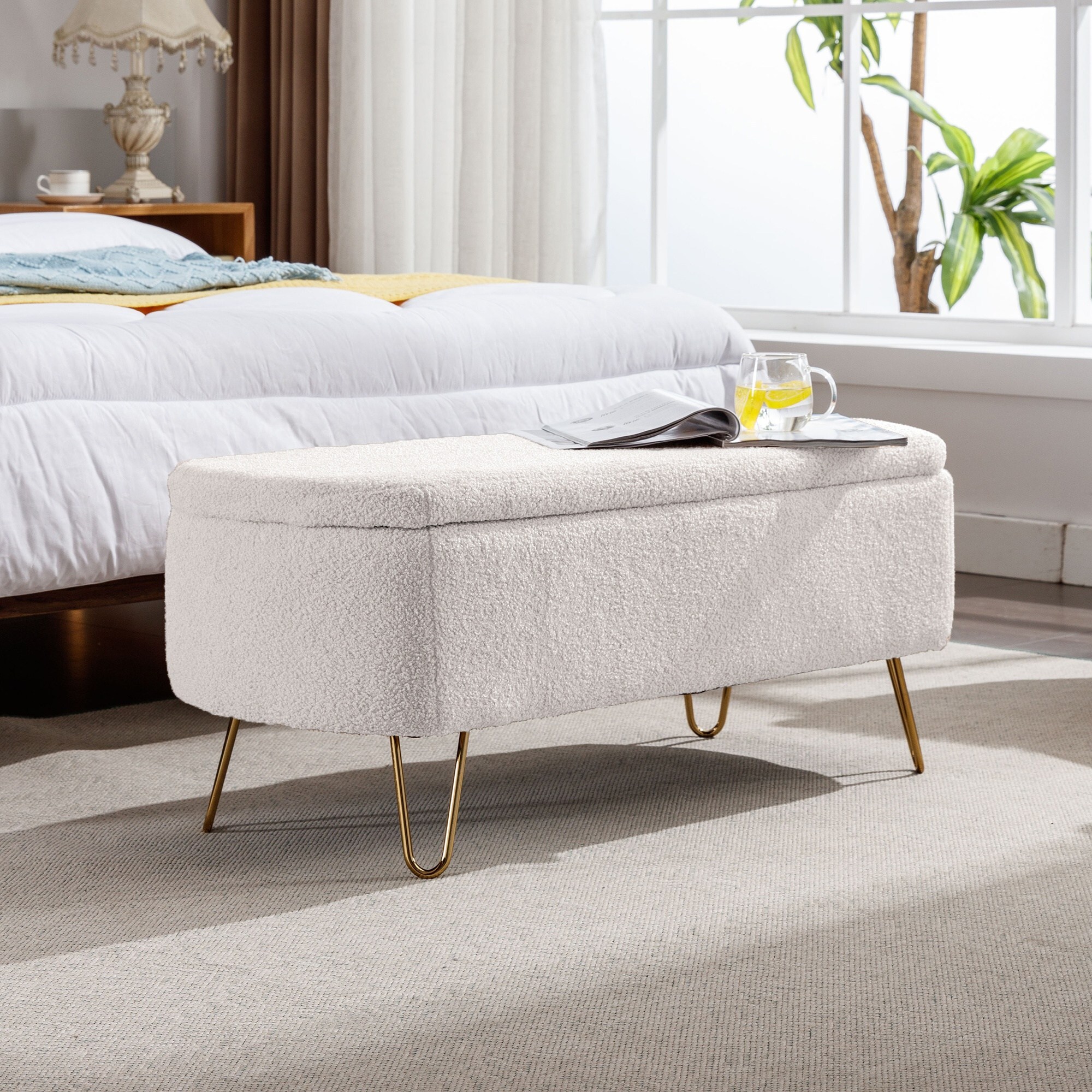 Horizons Prime 39 inch x 16 inch x 16 inch Ivory White Faux Fur Storage Ottoman Bench with Gold Legs and Padded Seat