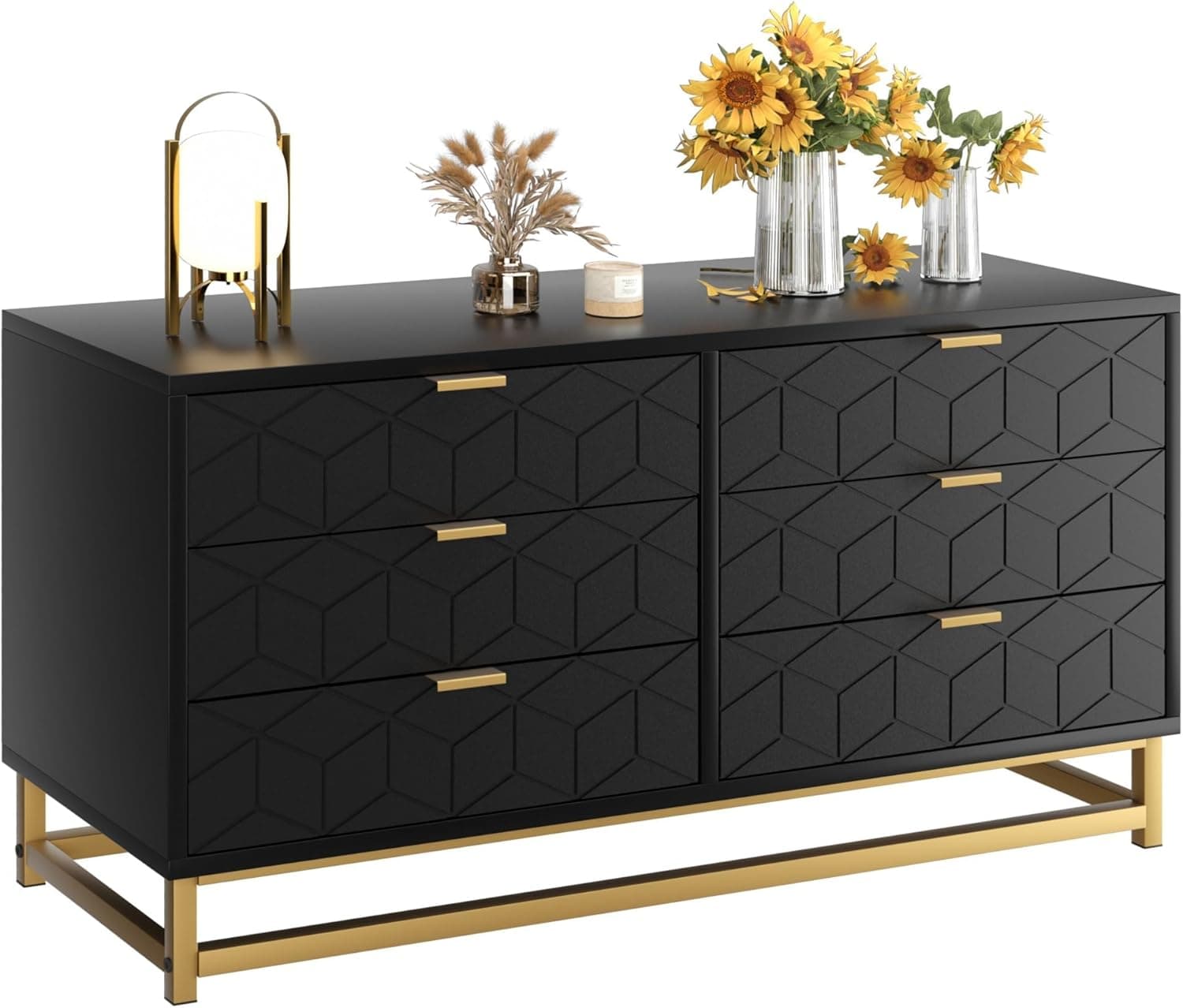 Qeetex D23PHO0X4AMQU2 Polished Wood 6 Drawer Dresser with Gold Metal Legs Soft Close Drawers and Anti Tip Safety for Bedroom Living Room Black