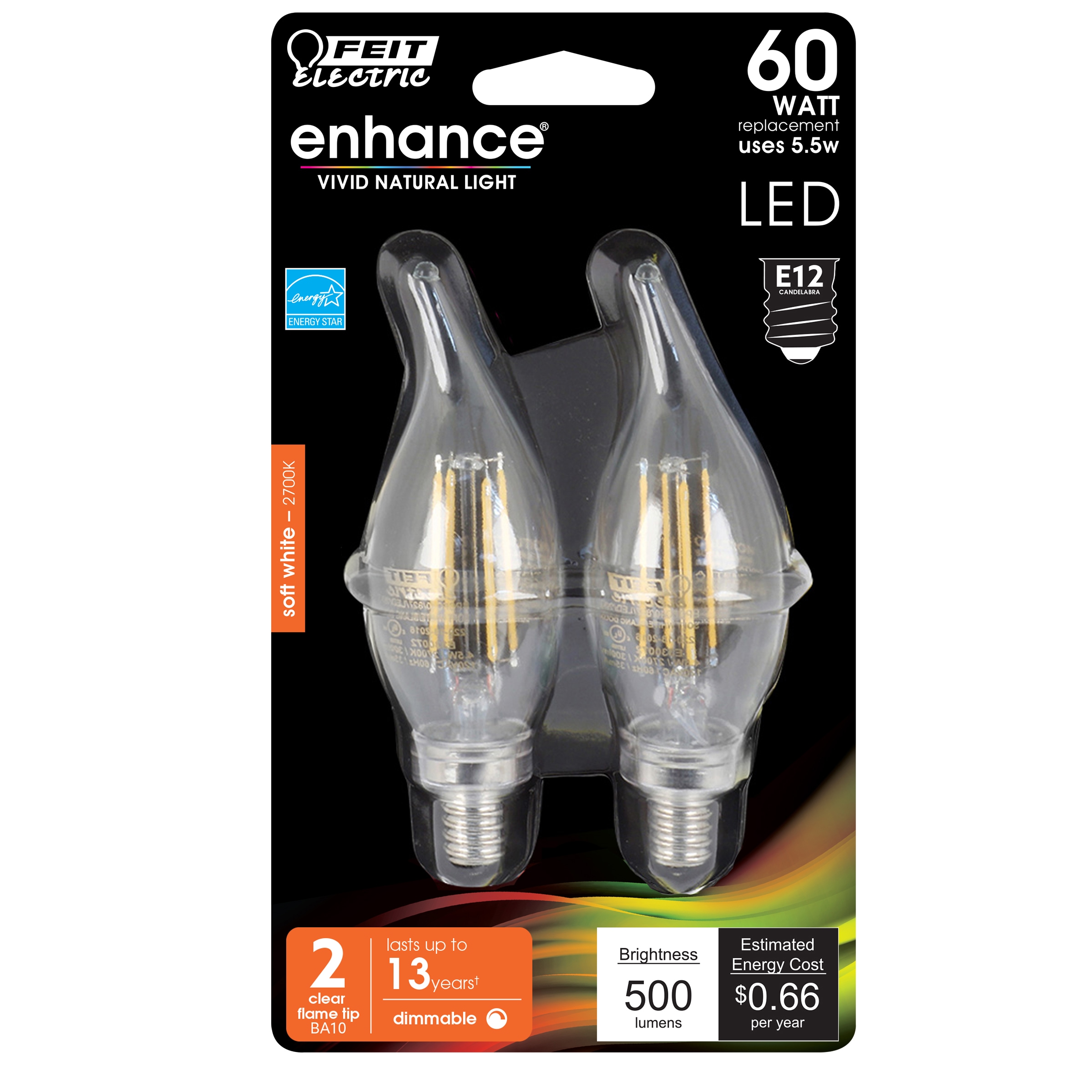 Feit Electric BPCFC60927CAFIL/2/RP LED Filament 60 -Watt EQ CA10 Soft white Candelabra base (E-12) Dimmable LED Decorative Light Bulb 2 -Pack