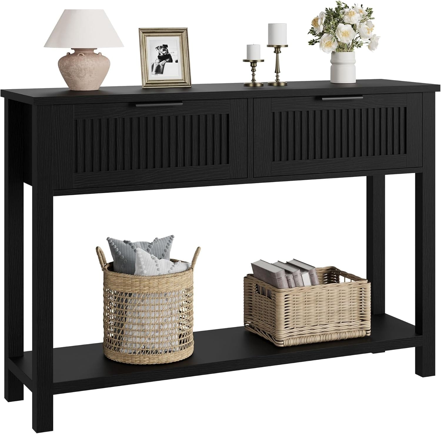 Garvee 43Inch Black Farmhouse Console Table 2-Tier 2 Drawers Elegant ...