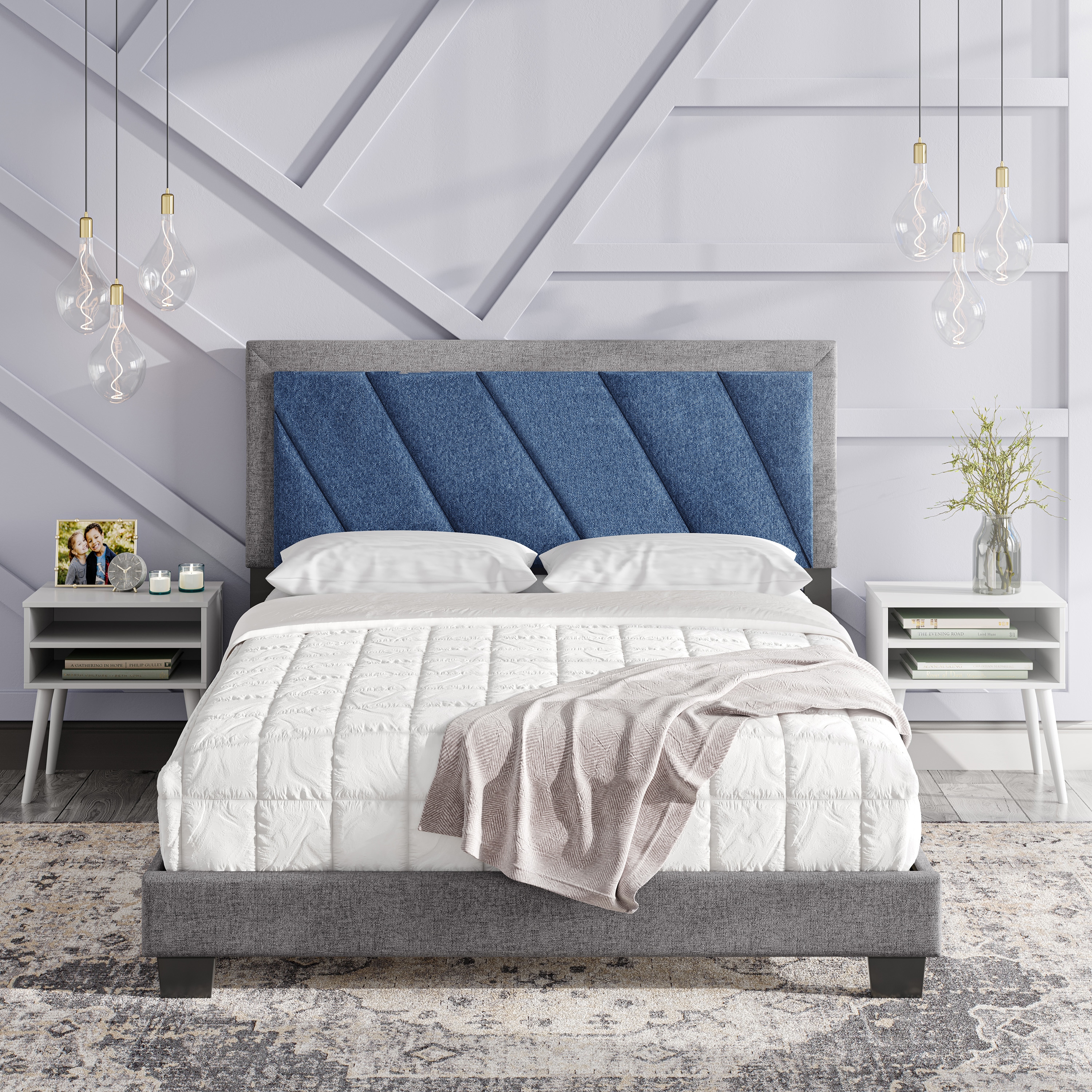 Boyd Sleep HC205705101 Diagonal Upholstered Platform Bed with Headboard- Mattress Foundation with Strong 4 Wood Slat Supports- Box Spring Required