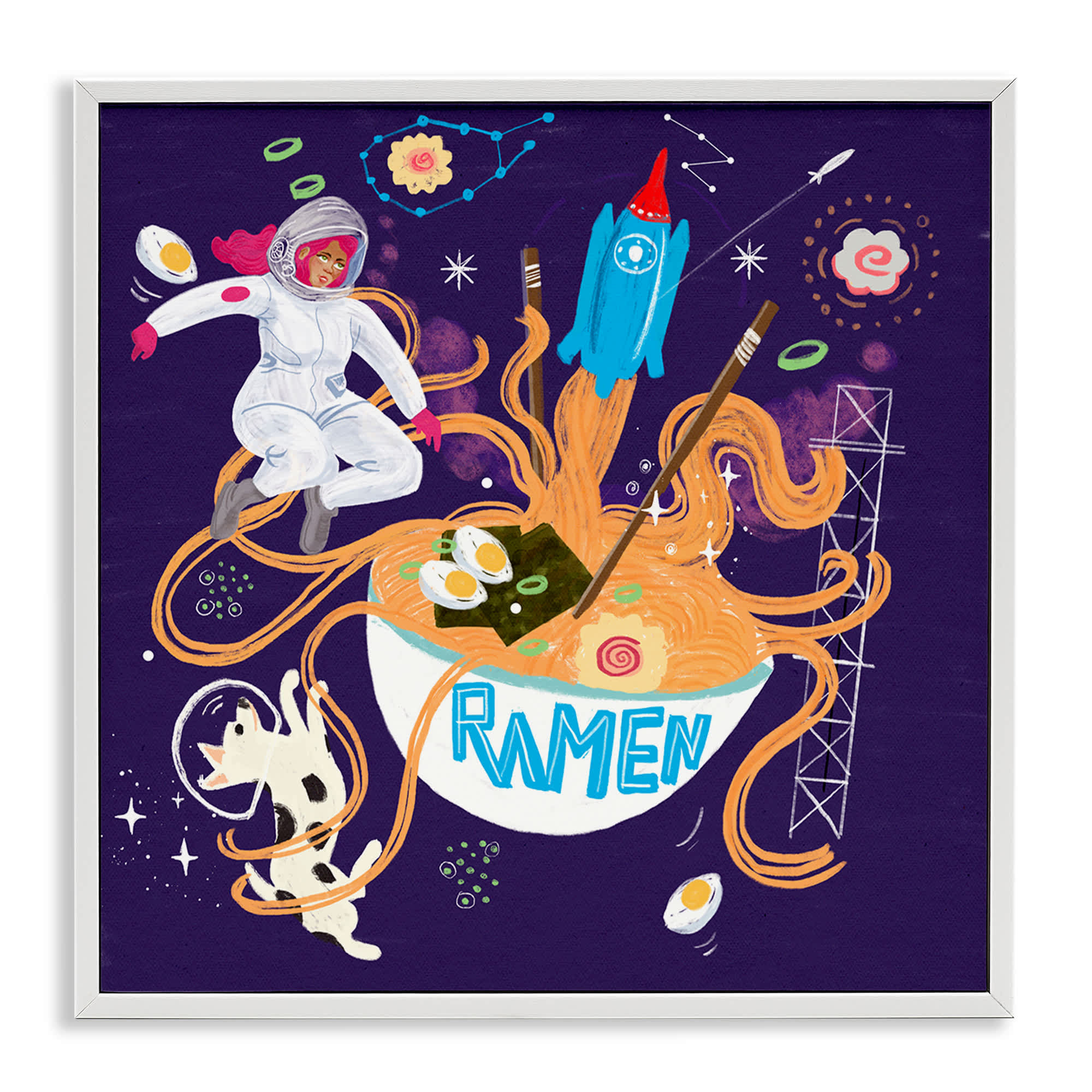 Stupell Industries BS-458-WFR-12X12 Whimsical Ramen in Space White Framed Giclee Art By Juliet Rose Philips  12 x 12