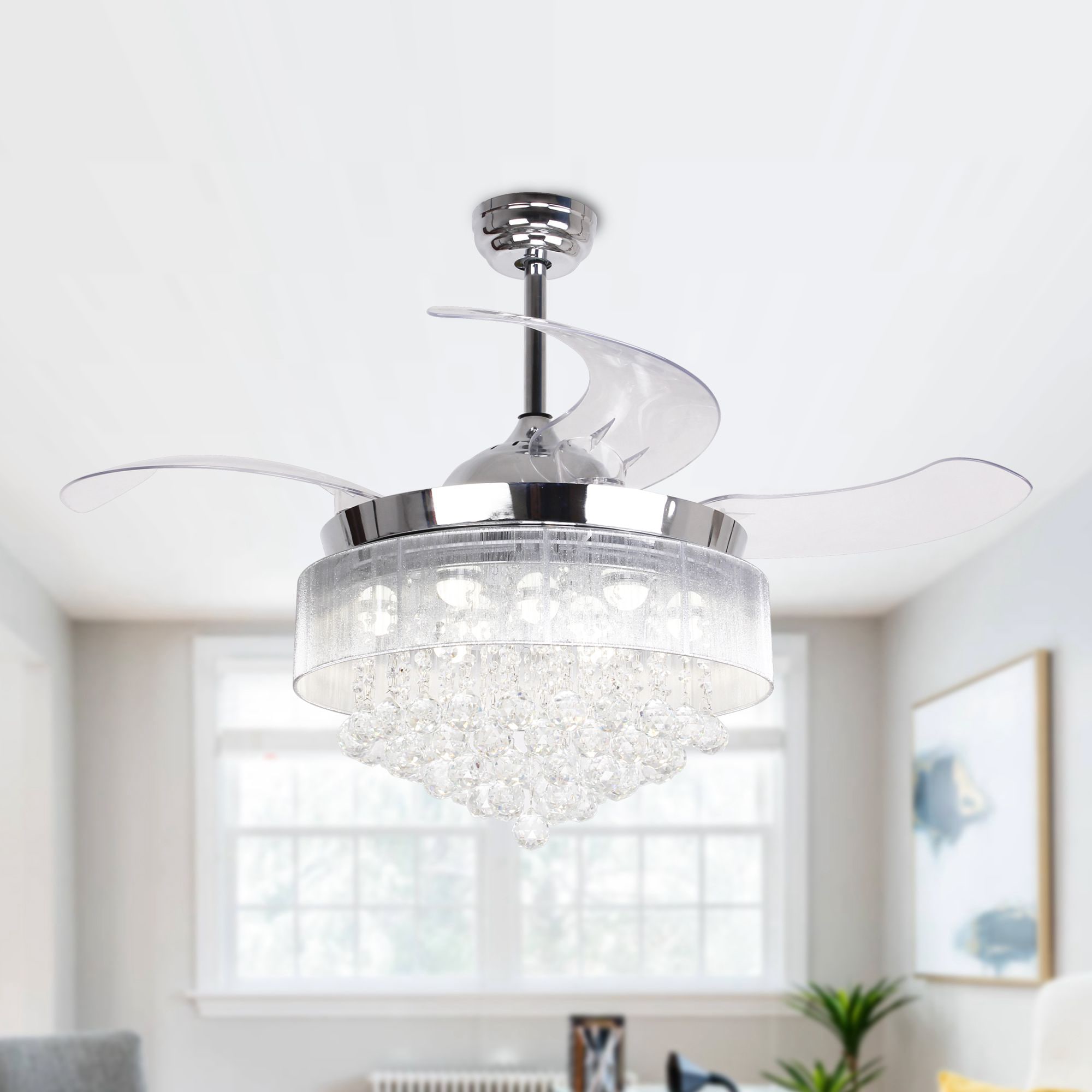 Matrix Decor MDF4601110V 46-in Chrome with Clear Blades Integrated LED Fixture Indoor Downrod mount Smart Compatible Standard Ceiling Fan With Light and Remote ( 4 -Blade)