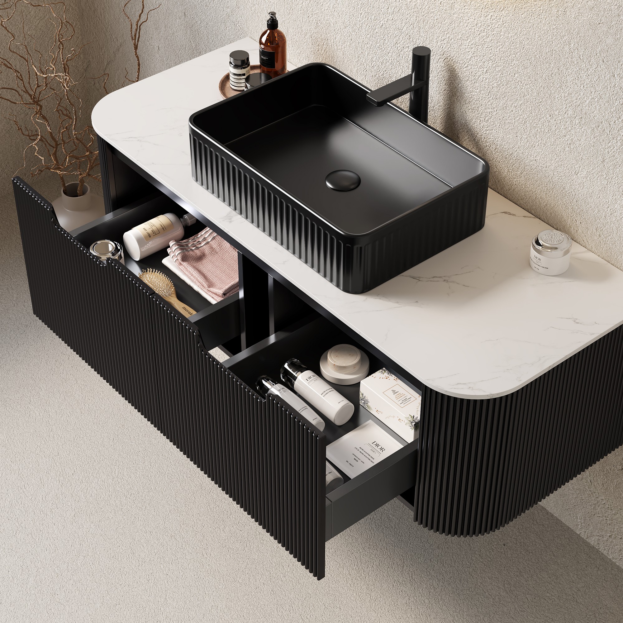 Cuschoice  48 in.Single Sink Black Floating Bathroom Vanity Ceramic Basin Stone Carrara White Top 2 Soft-close Drawers