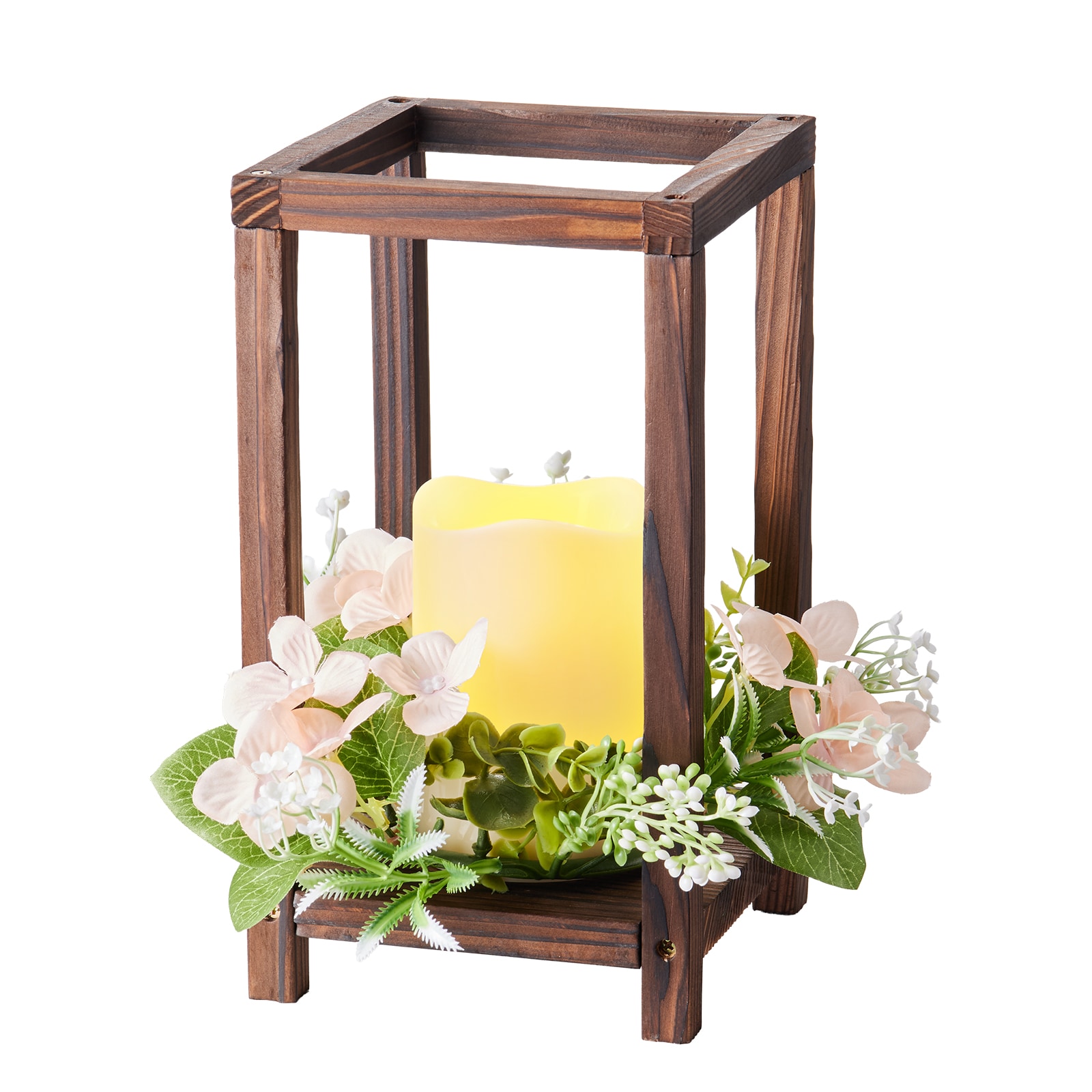 GIVIMO 10-Set Wooden Wedding Lantern Centerpiece Kit with LED Candles and Champagne Flower Wreaths in Brown