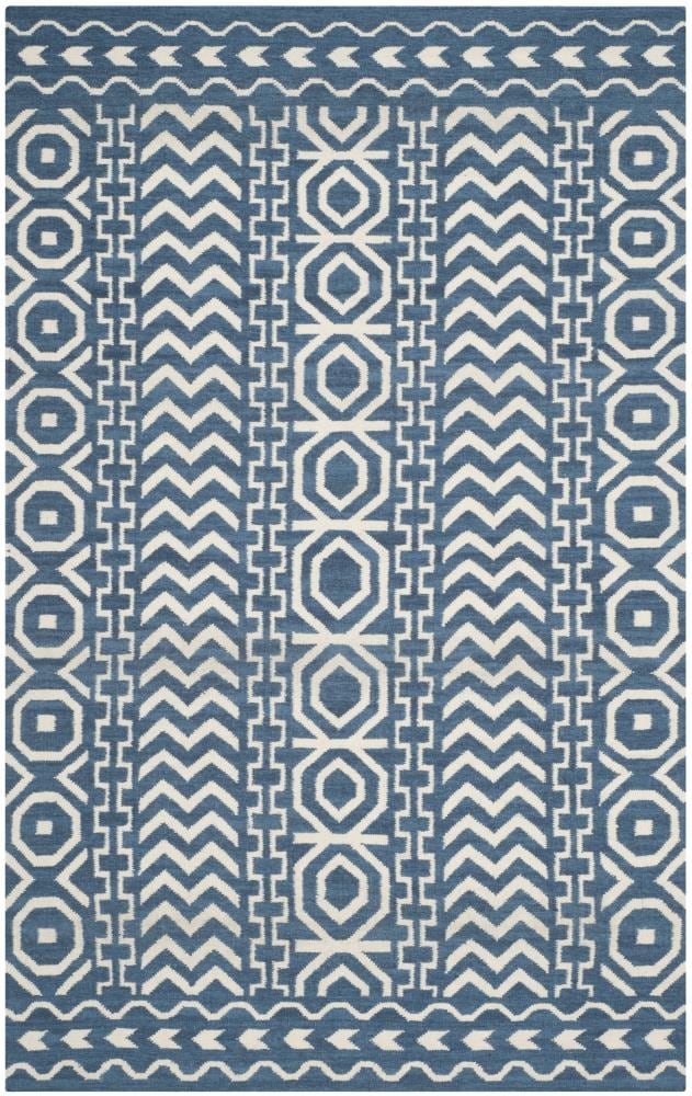 Dark Blue and Ivory Geometric Wool Cotton Area Rug, 6' x 9'