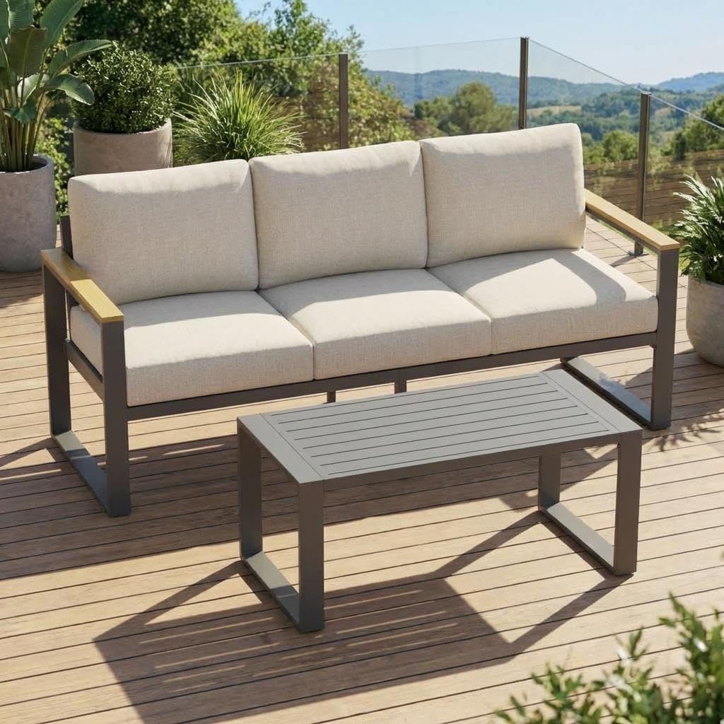 IdealHouse Modern Aluminum Patio Chair Set All-Weather Metal Outdoor Furniture with Thick Washable Cushions Includes 3 Seat Sofa and Coffee Table Ideal for Balcony Garden Deck Backyard Gray Color #LW-JAS-YTF8