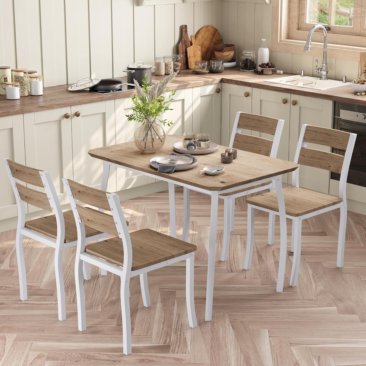 Qeetex YJCJ-PHK-33WTC2R6 5 Piece Dining Table Set for 4  Modern Kitchen Table and 4 Chairs  Space Saving Metal Frame  for Small Apartment  Dining Room  Wood Grain