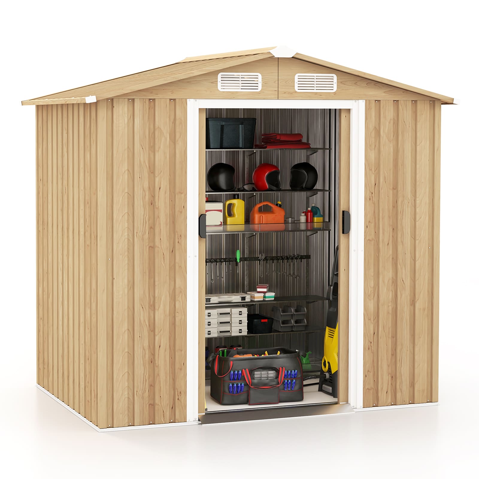 Slickblue Outdoor Backyard Tool Storage - 6.4 x 4.6 Ft Ventilated Ramp Galvanized Metal Storage Shed - Natural