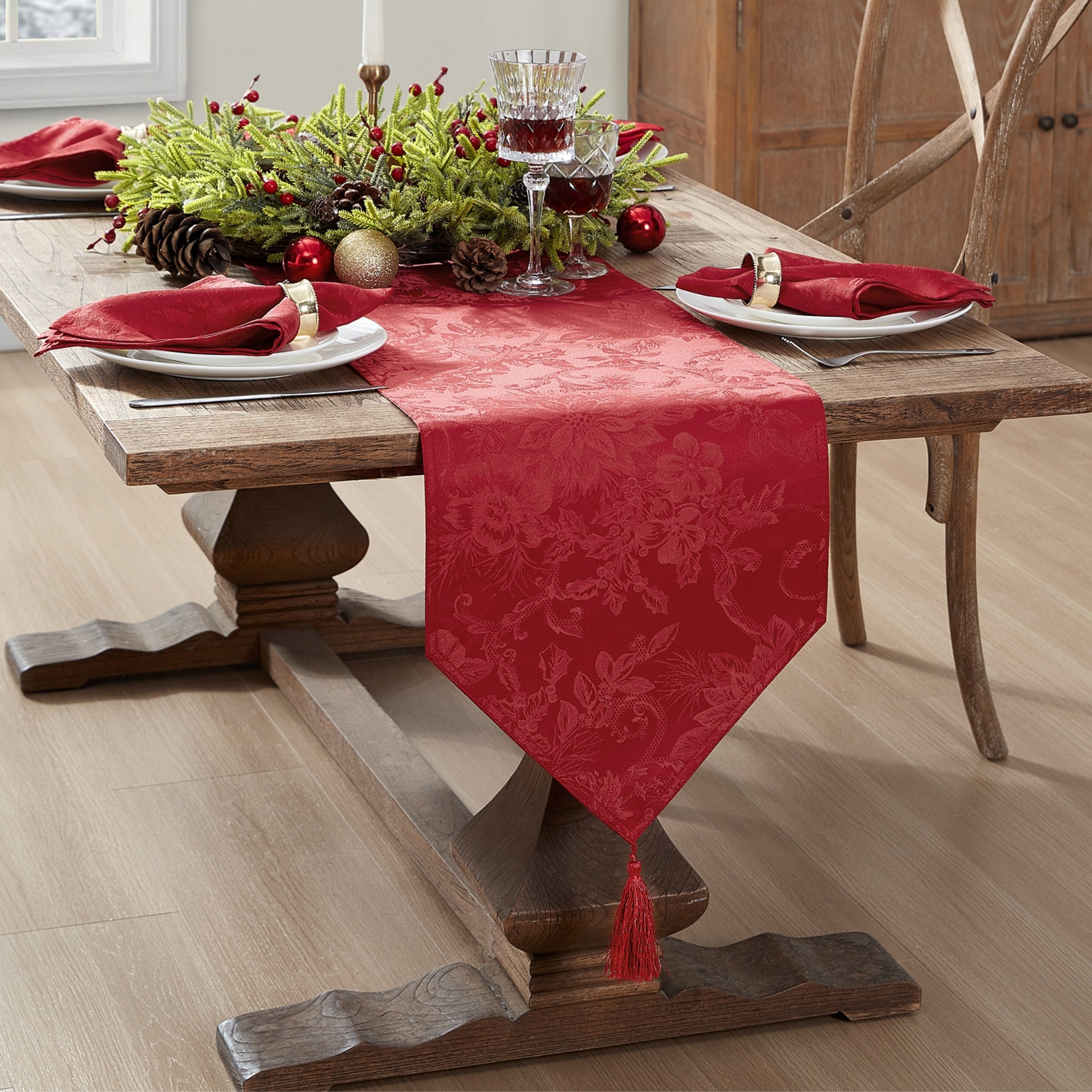 Elrene Home Fashions 739550331837 Poinsettia Elegance Jacquard Table Runner -13"x70" Indoor Red Table Cover for 5-ft rectangle