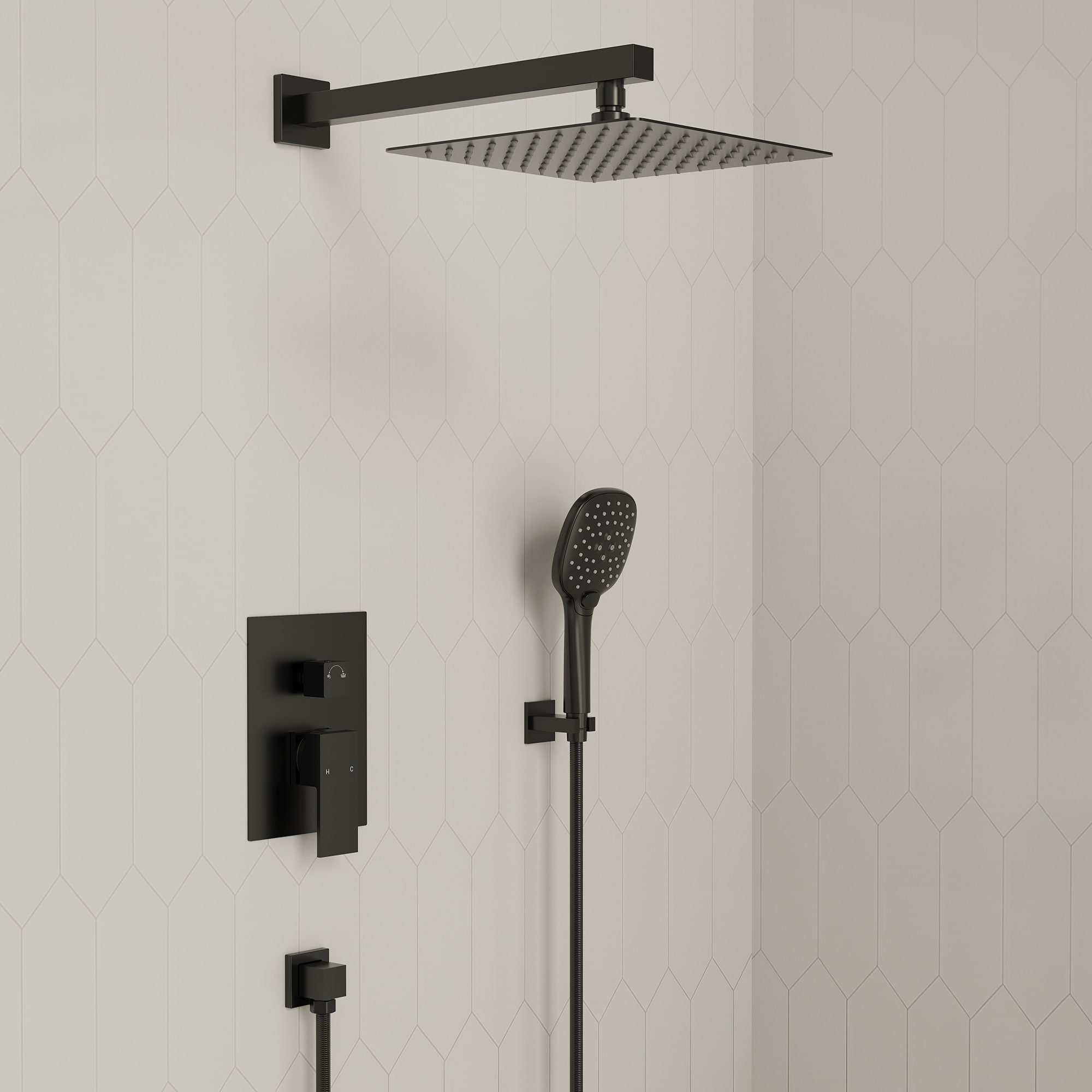 YAWWALK 10 Inch Rain Shower Head Ultra-Thin Stainless Steel Wall Mount with Pressure Balance Valve Matte Black Finish