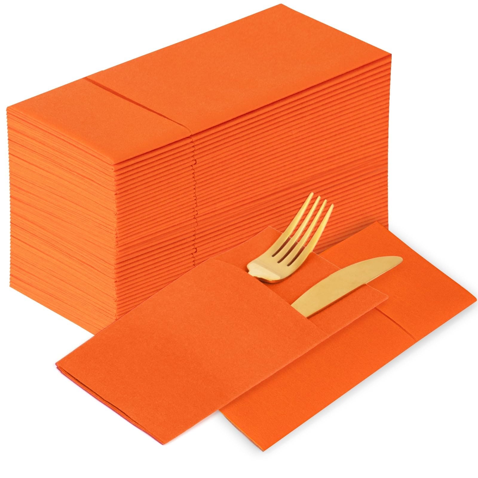 Lukvuzo  Orange Cloth Like Paper Dinner Napkins with Pocket Folded for Silverware Disposable 100 pack Guest Hand Towels for Wedding Party Kitchen