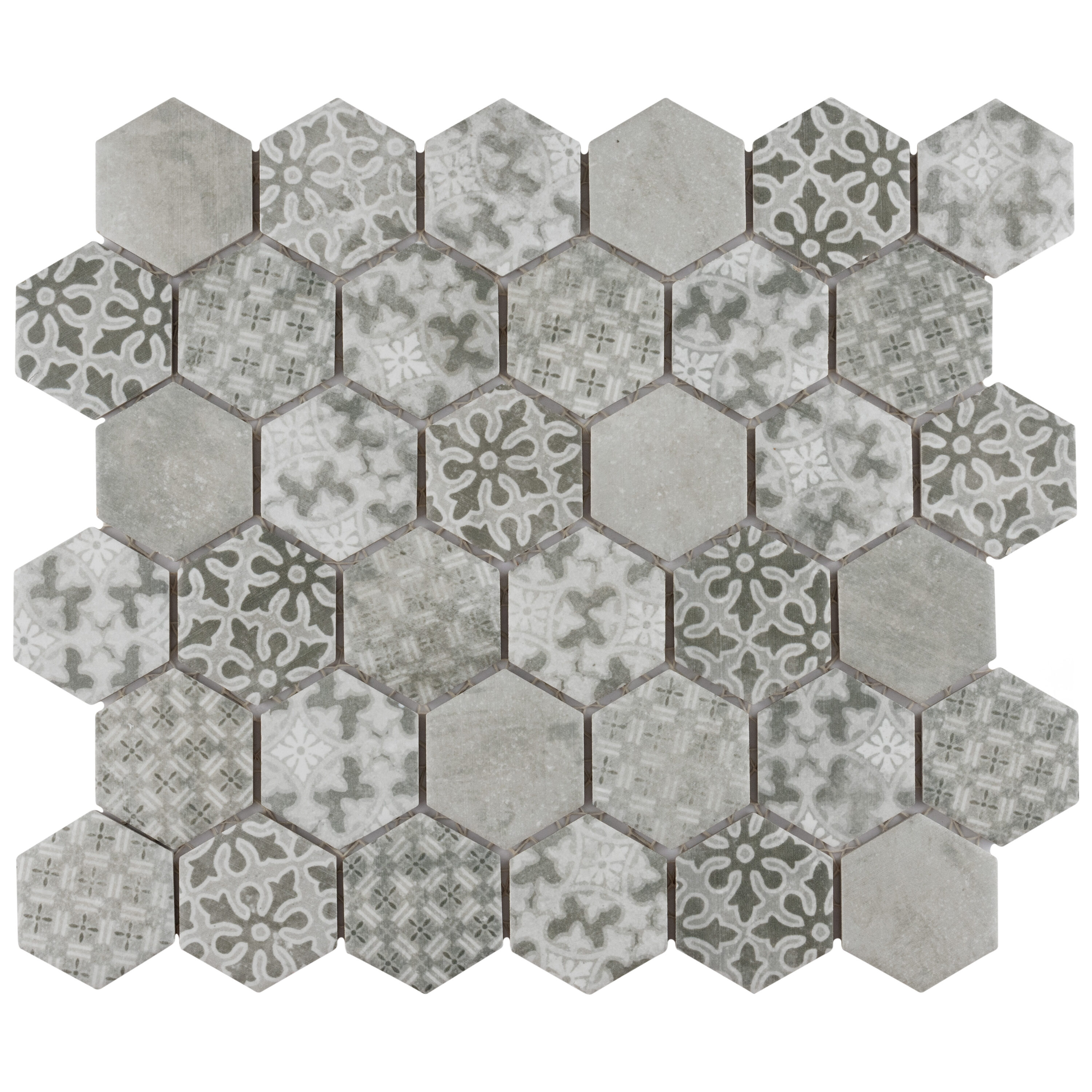 Affinity Tile S1FTC2MDGR (Sample) Medley 2 in. Hex Grey 7-in x 7-in Matte Porcelain Honeycomb Mosaic Thinset Mortar Tile