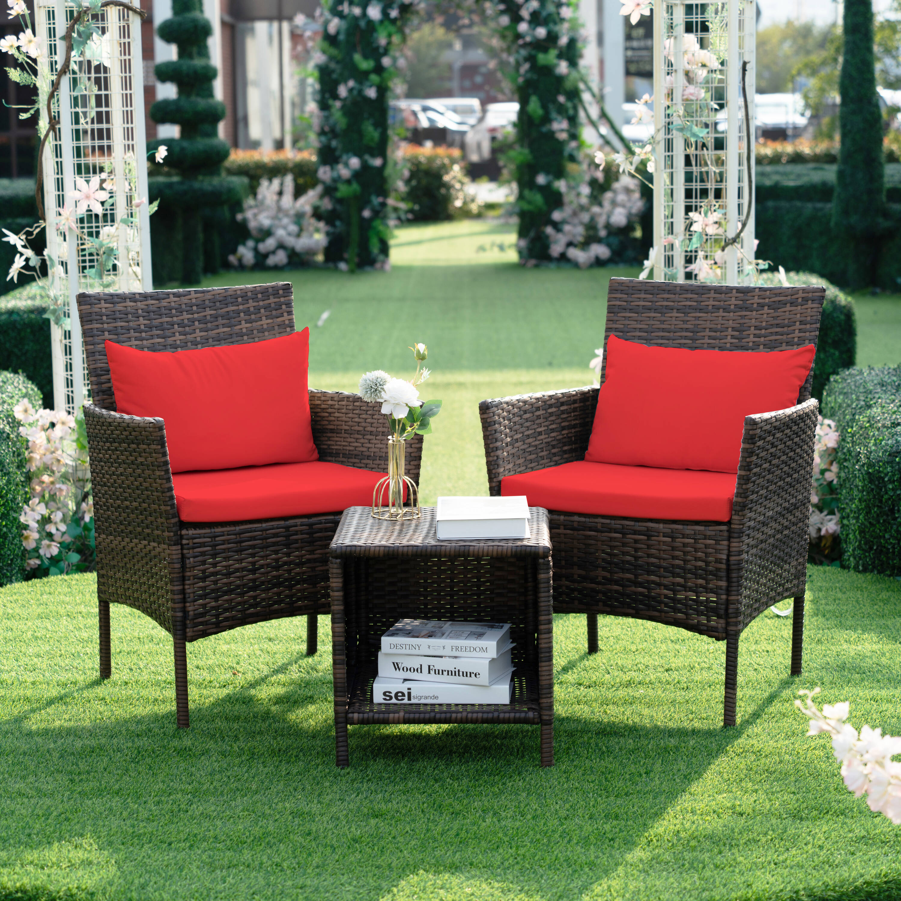 Grearden 3 Piece Rattan Patio Conversation Set with Red Cushions in the Patio Conversation Sets department at Lowes