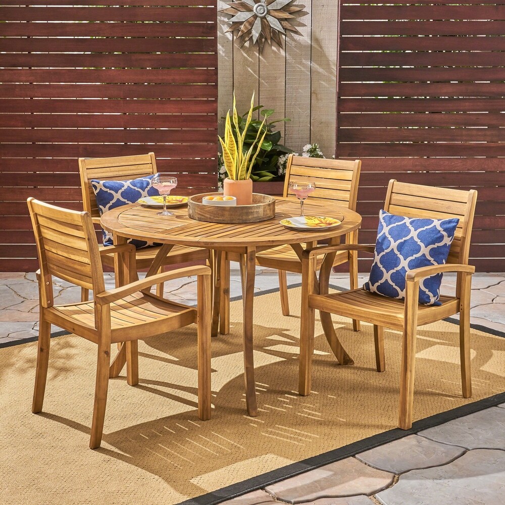 Christopher Knight Home 306486 Wells Outdoor Acacia Wood 4-Seater Round Dining Set Teak Finish