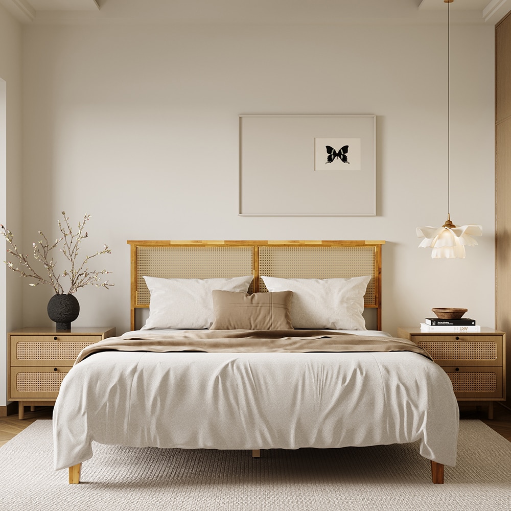 Homsee C-KF330153-01 Solid Wood Queen Bed Frame with Natural Finish Reinforced Slats and Stable Modern Tapered Leg Design 82.6''L x 63.9''W x 41.1''H Brown