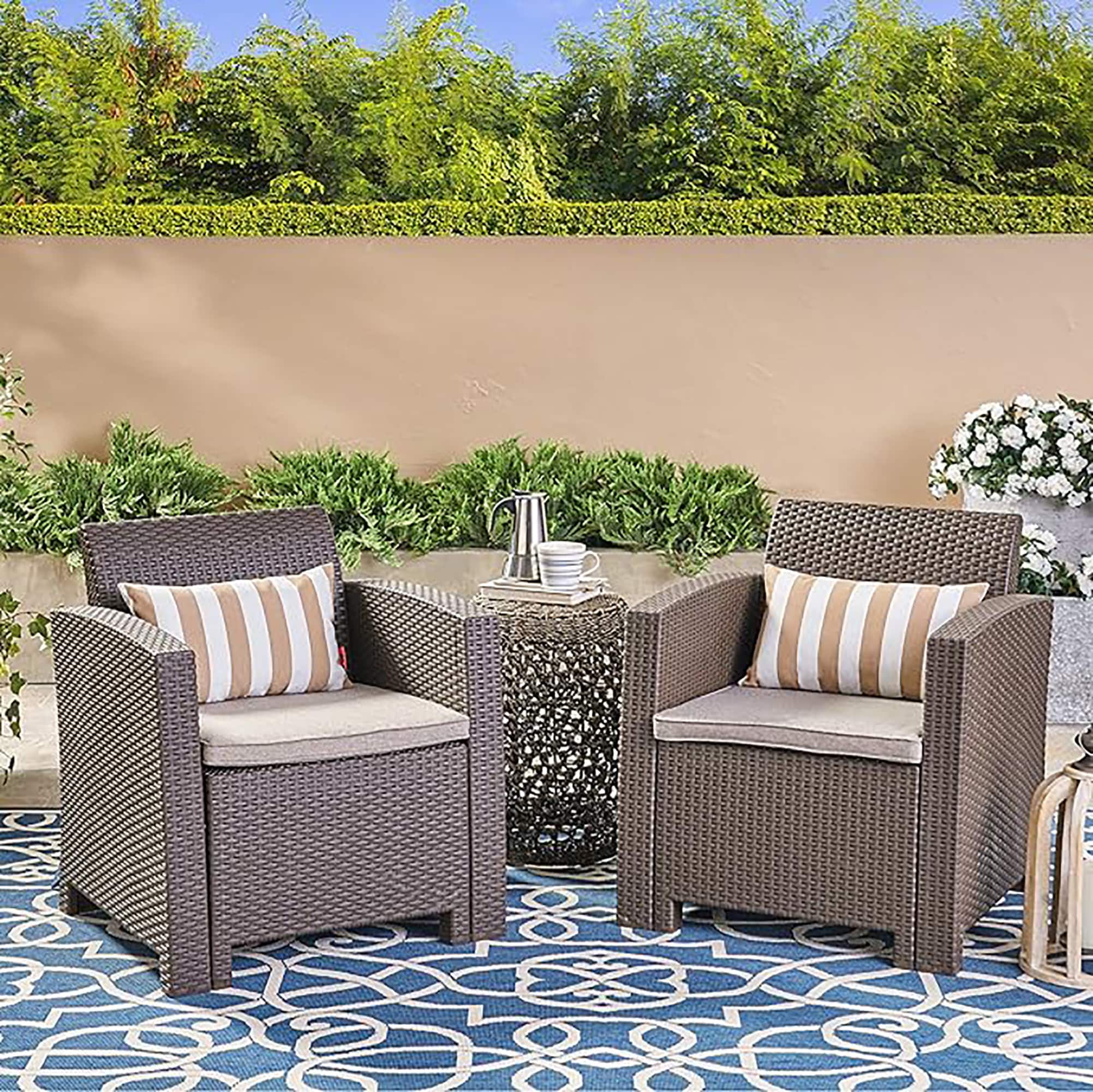Moda Furnishings MD61315-BRN Classic Set of 2 Wicker Brown Wicker Frame Stationary Conversation Chair with Beige Cushioned Seat